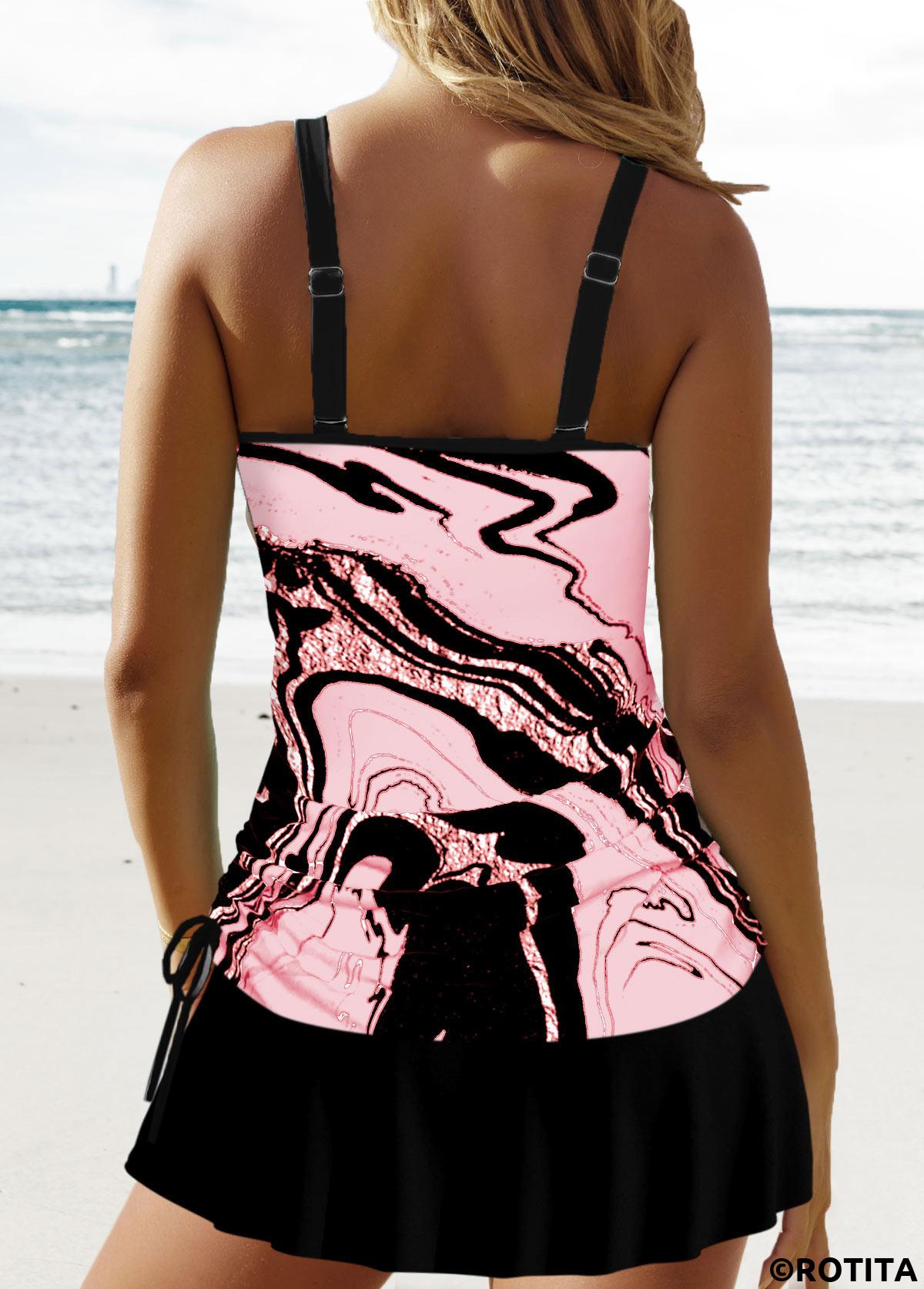 Pink swimwear,Striped swimwear,Geometric swimwear,ROTITA Circular Ring Pink Wave Pattern Print Tankini Set