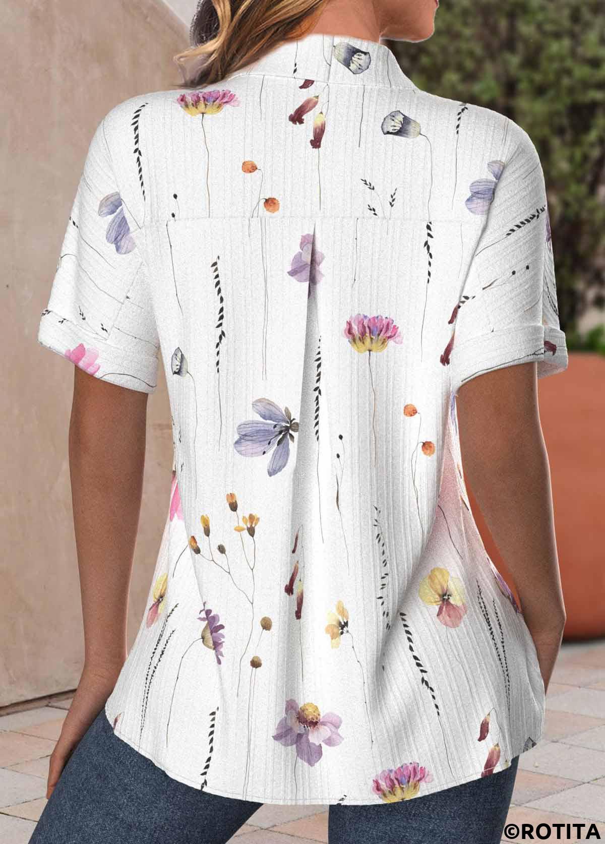 White tops,Floral tops,Plants tops,ROTITA Plus Size Textured Fabric White Floral Print Shirt