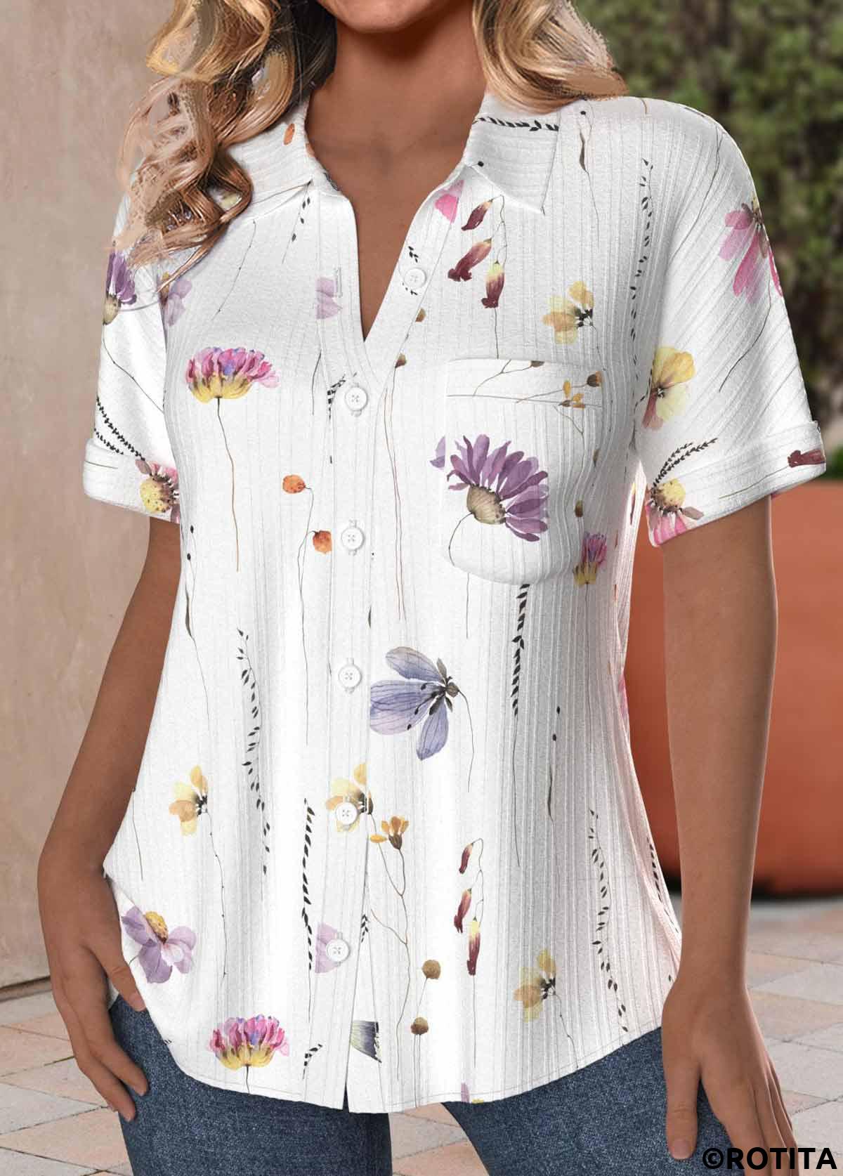 White tops,Floral tops,Plants tops,ROTITA Plus Size Textured Fabric White Floral Print Shirt