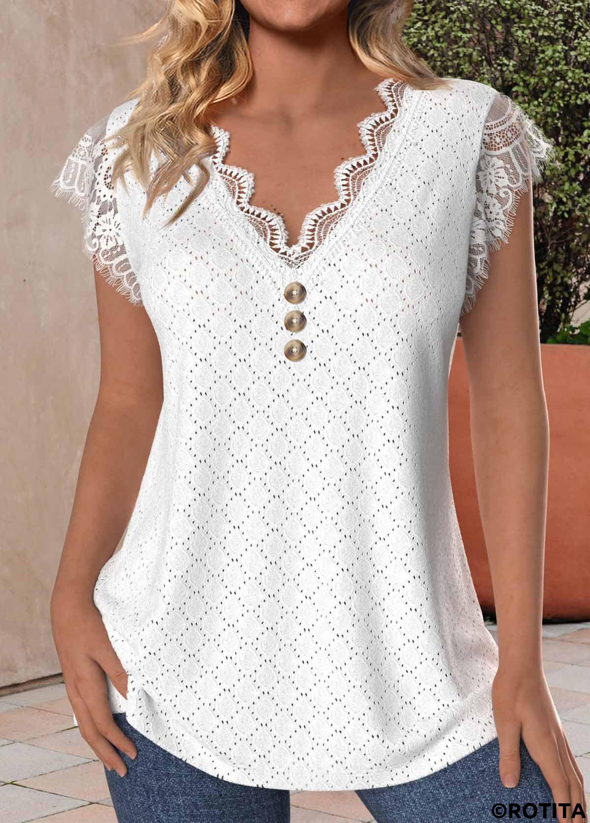 White tops,Plain Color tops,ROTITA Lace White V Neck Tank Top