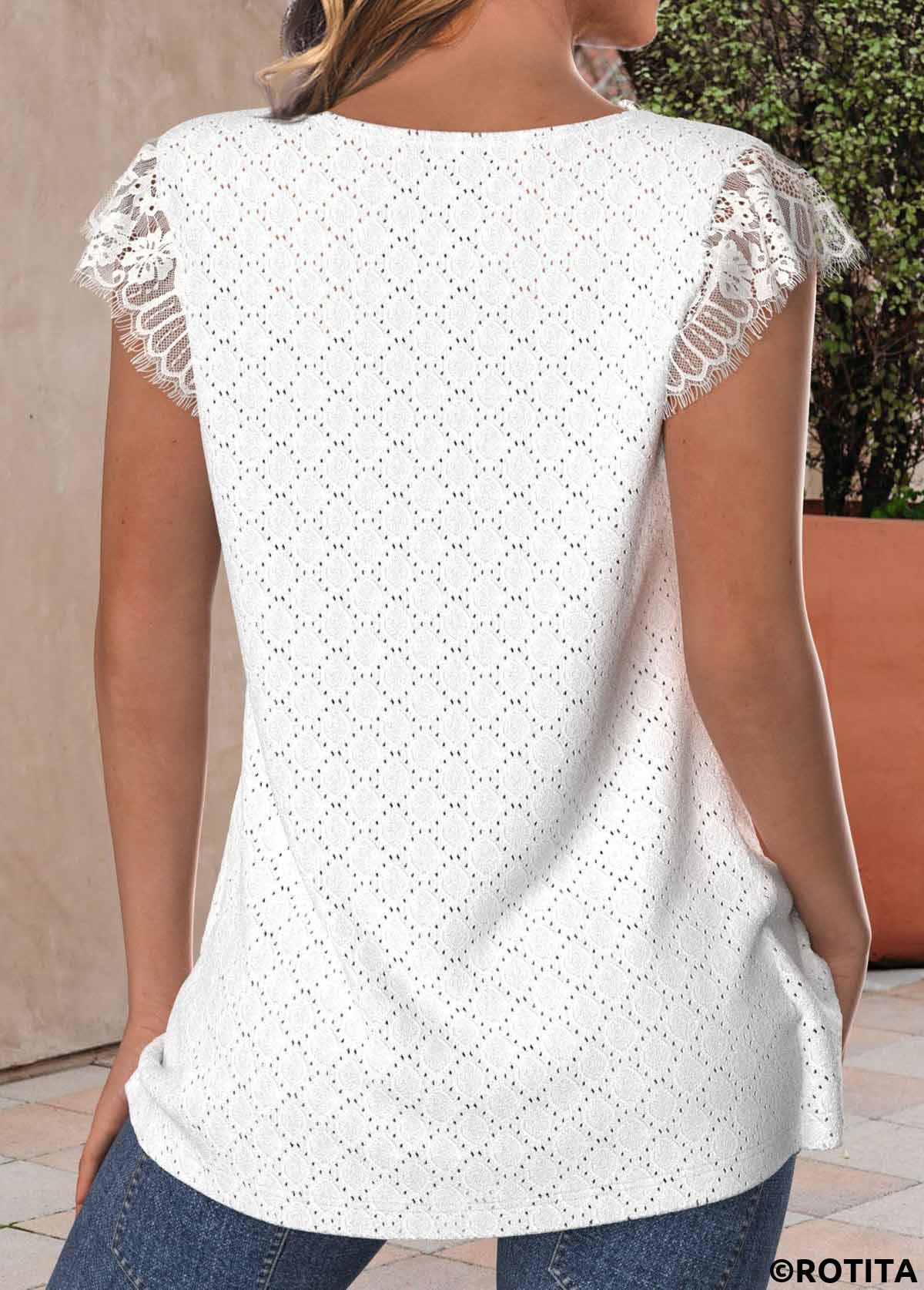 White tops,Plain Color tops,ROTITA Lace White V Neck Tank Top