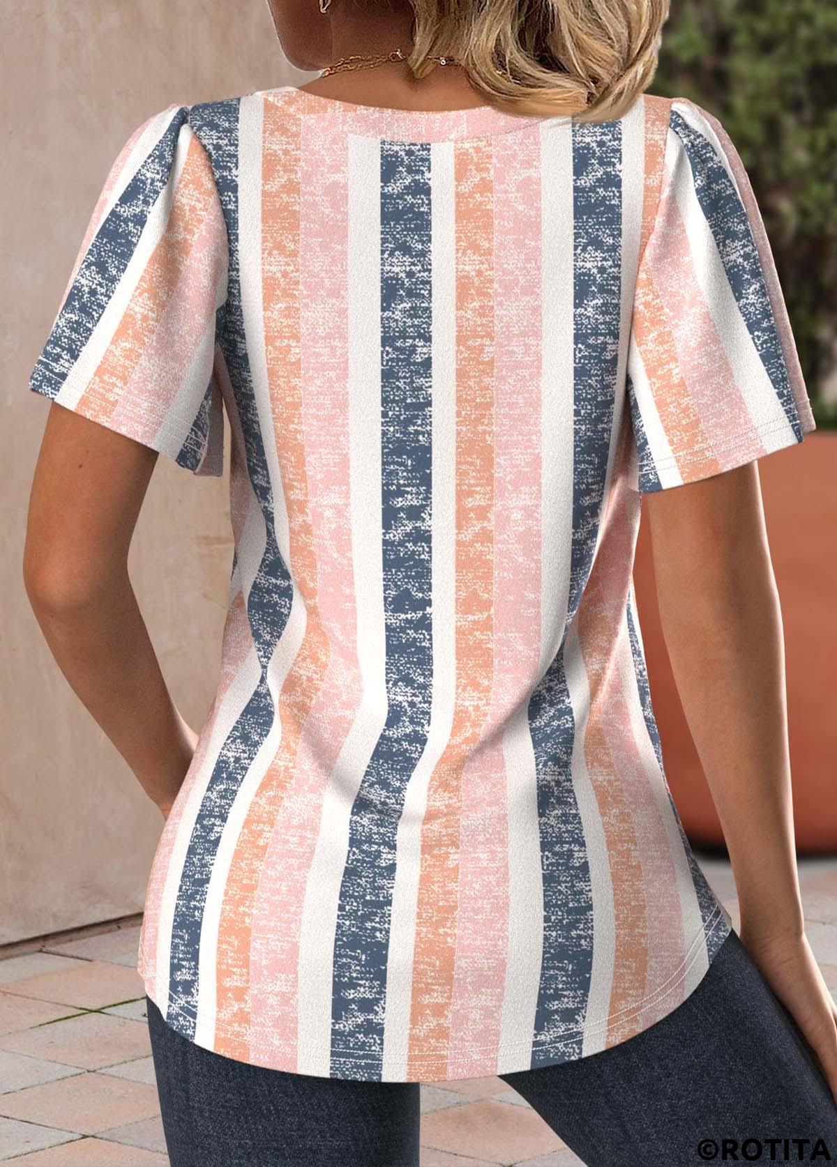 ROTITA Lightweight Striped Dusty Pink Square Neck T Shirt