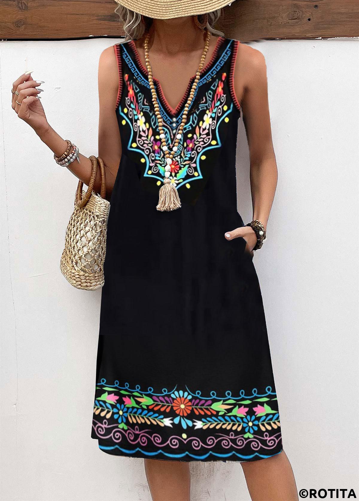 Black dresses,Tribal dresses,Floral dresses,Plants dresses,Geometric dresses,Everyday dresses,Casual dresses,ROTITA Breathable Tribal Print Black A Line Split Neck Dress