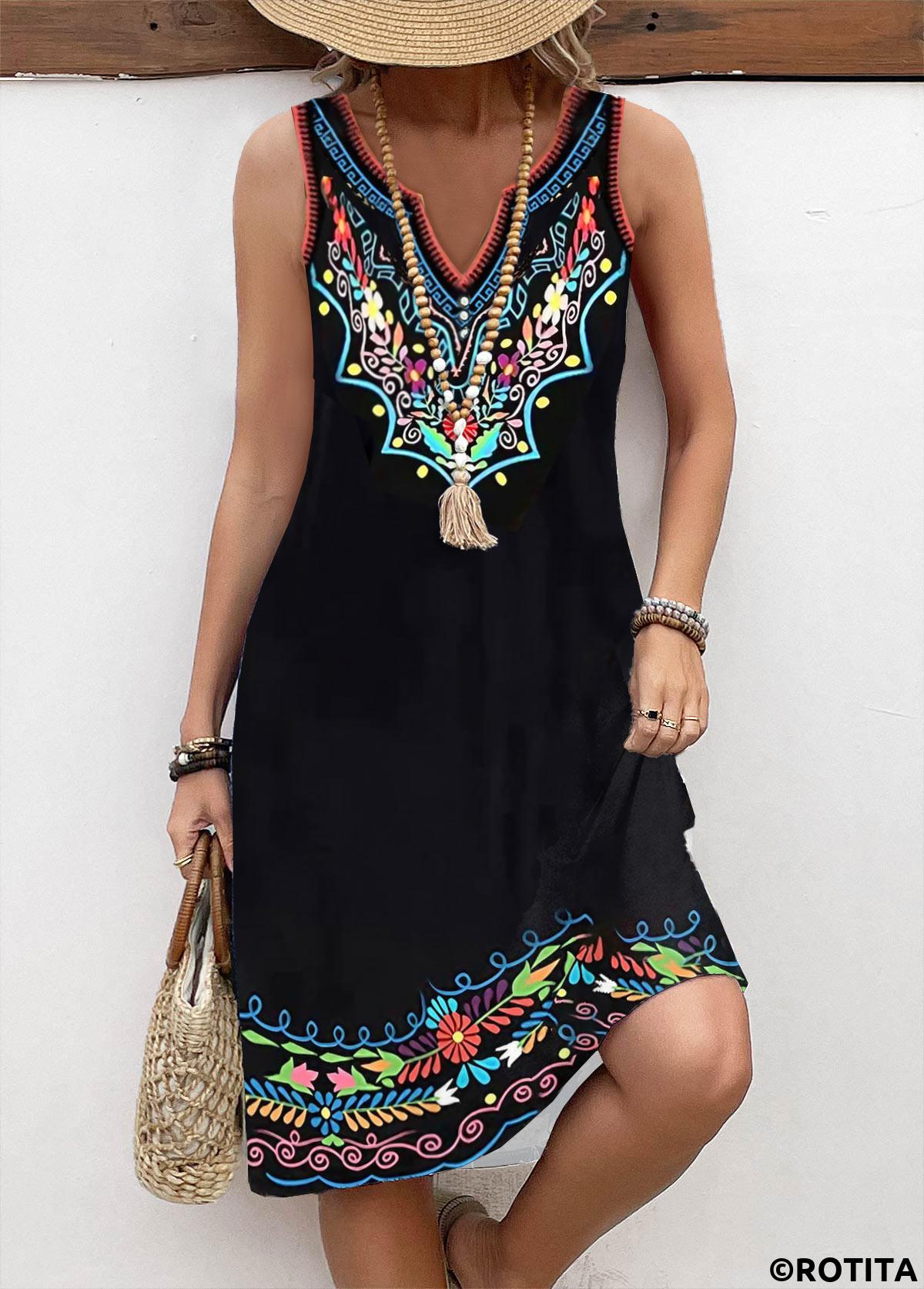 Black dresses,Tribal dresses,Floral dresses,Plants dresses,Geometric dresses,Everyday dresses,Casual dresses,ROTITA Breathable Tribal Print Black A Line Split Neck Dress