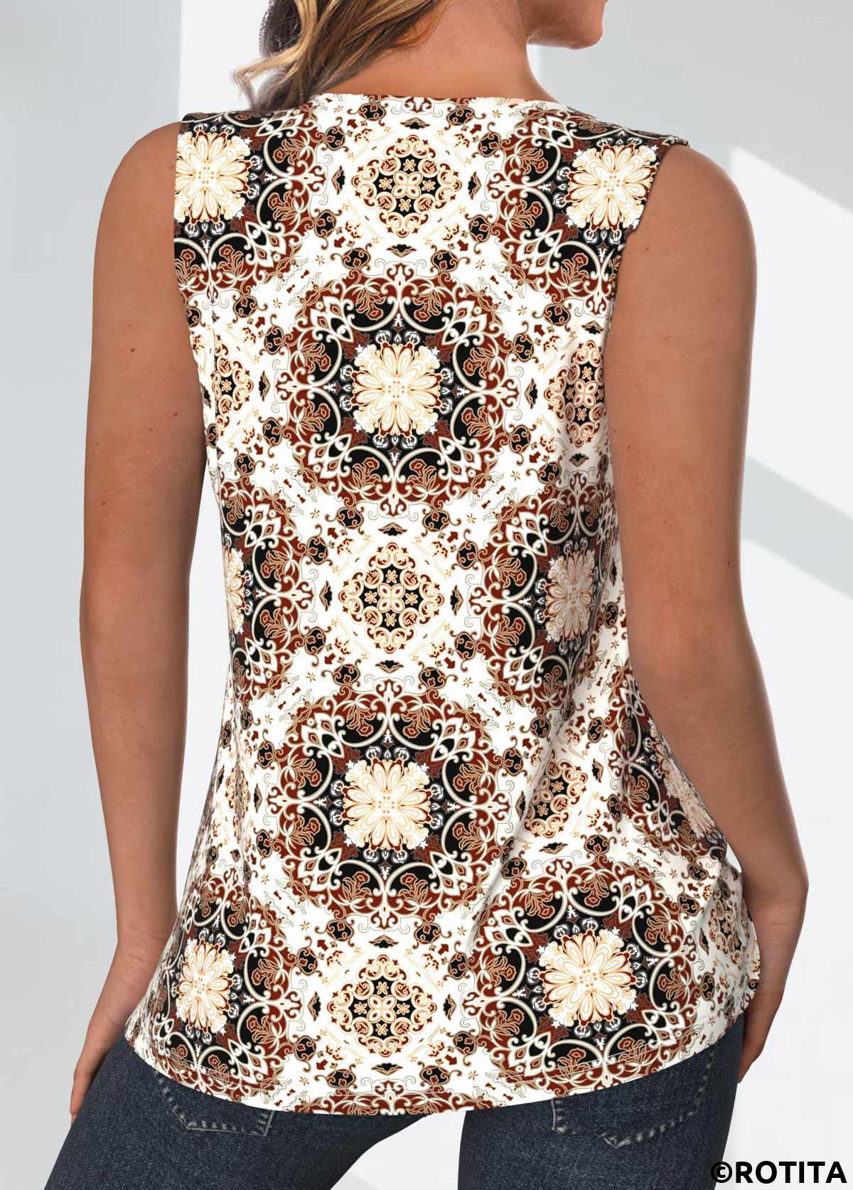 Light Coffee tops,Tribal tops,Geometric tops,ROTITA Patchwork Tribal Print Light Coffee Round Neck Tank Top