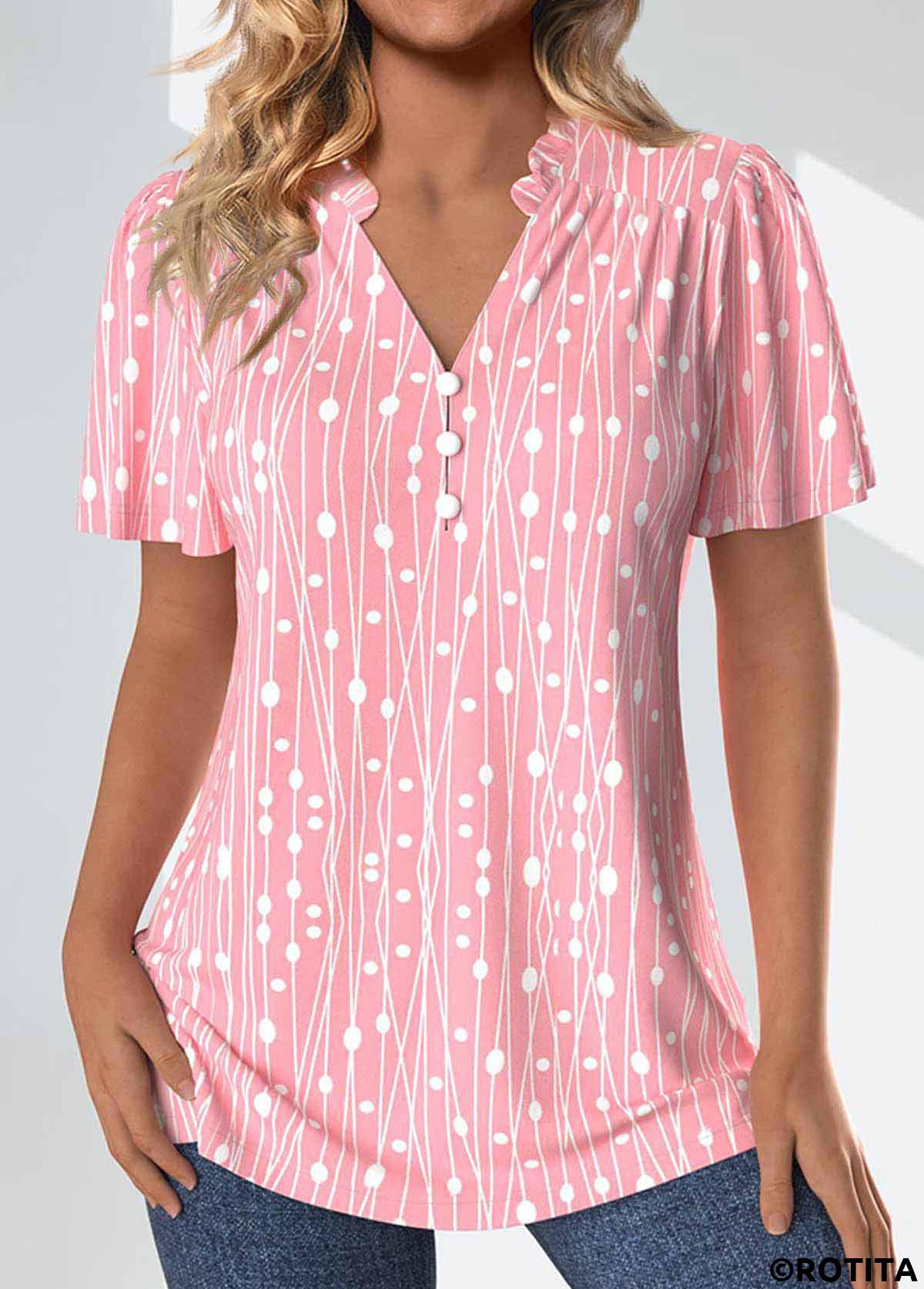 Pink tops,Geometric tops,Dot tops,Striped tops,ROTITA Frill Geometric Print Pink Split Neck Short Sleeve Blouse