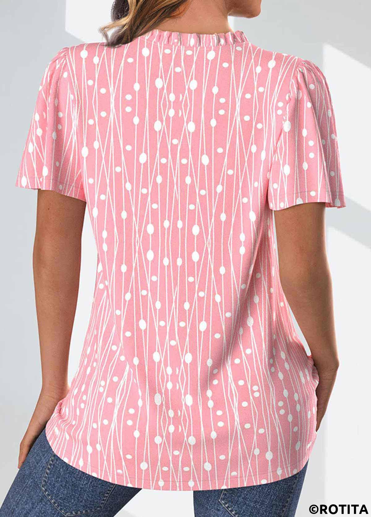Pink tops,Geometric tops,Dot tops,Striped tops,ROTITA Frill Geometric Print Pink Split Neck Short Sleeve Blouse