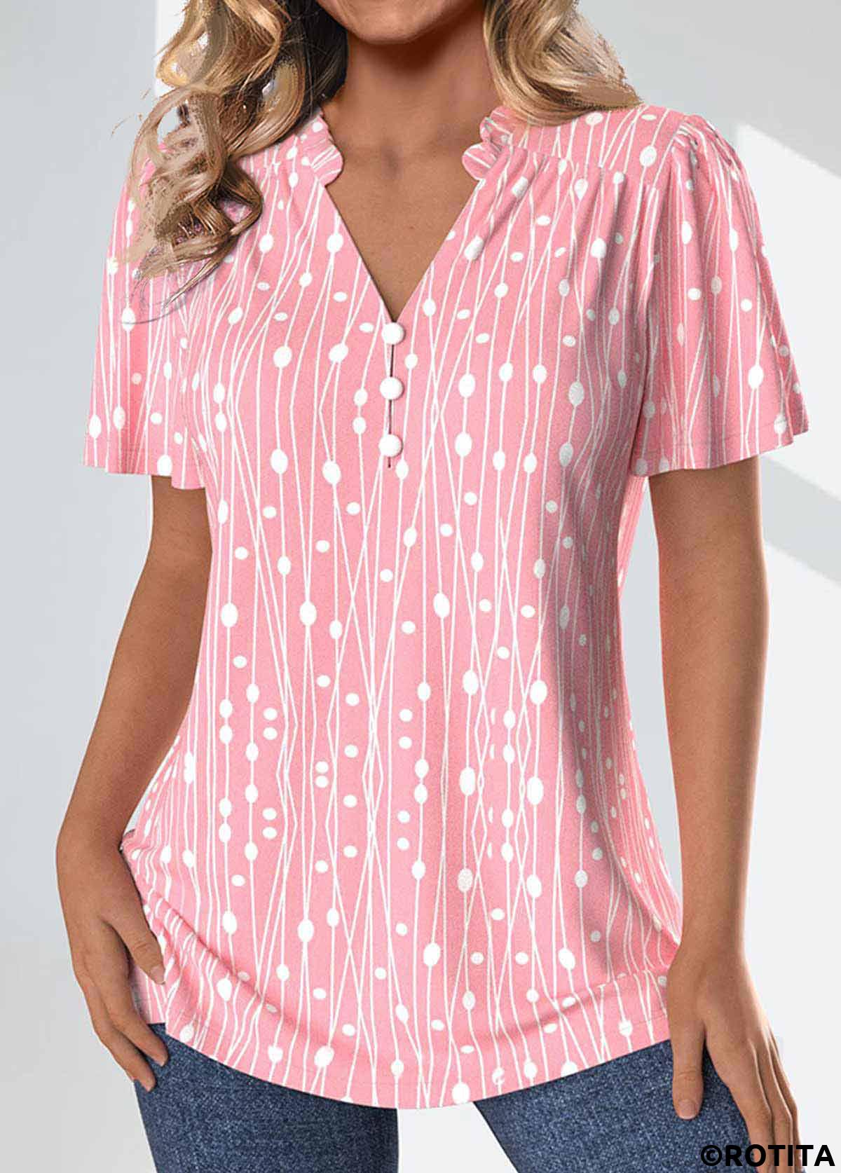 Pink tops,Geometric tops,Dot tops,Striped tops,ROTITA Frill Geometric Print Pink Split Neck Short Sleeve Blouse
