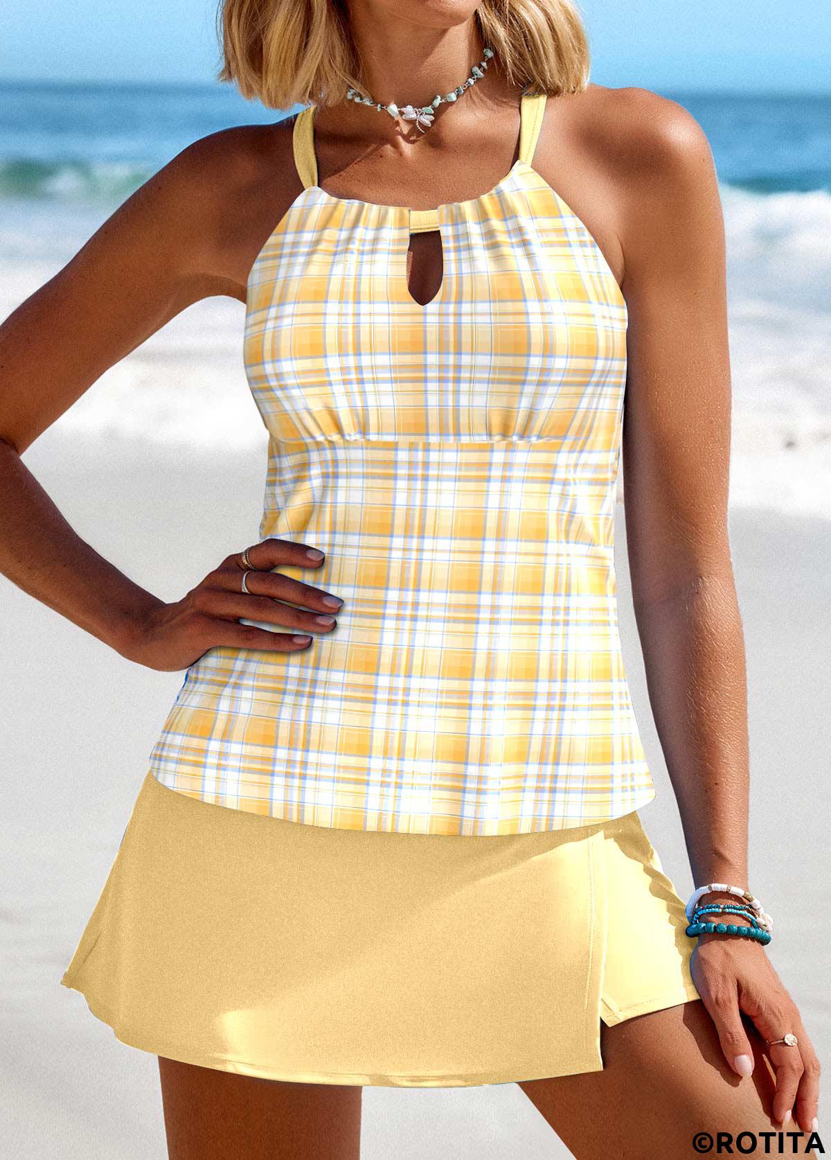 ensemble tankini à carreaux jaune clair à découpes rotita