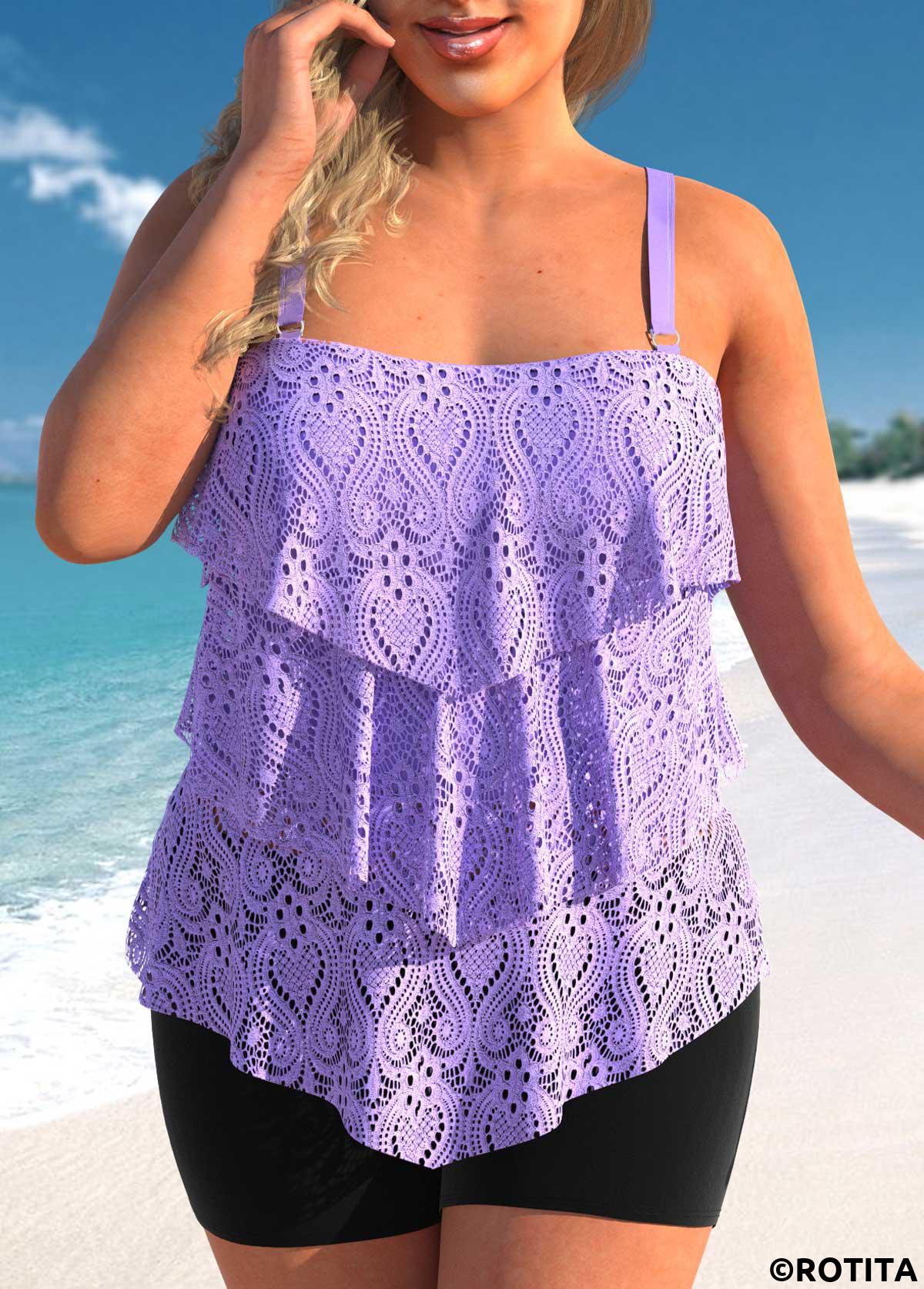 rotita - ensemble tankini violet clair en dentelle superposée grande taille