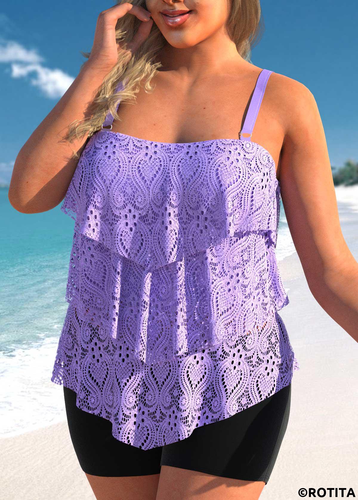rotita - ensemble tankini violet clair en dentelle superposée grande taille