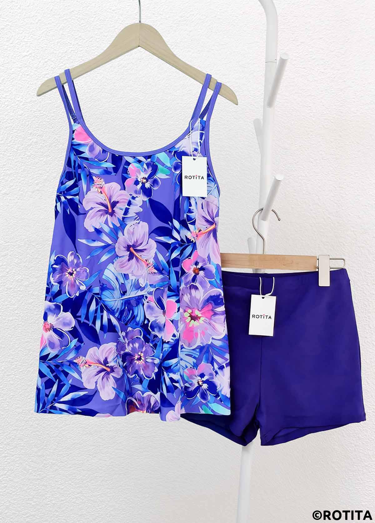 Purple swimwear,Floral swimwear,Plants swimwear,ROTITA Contrast Binding Purple Floral Print Tankini Set