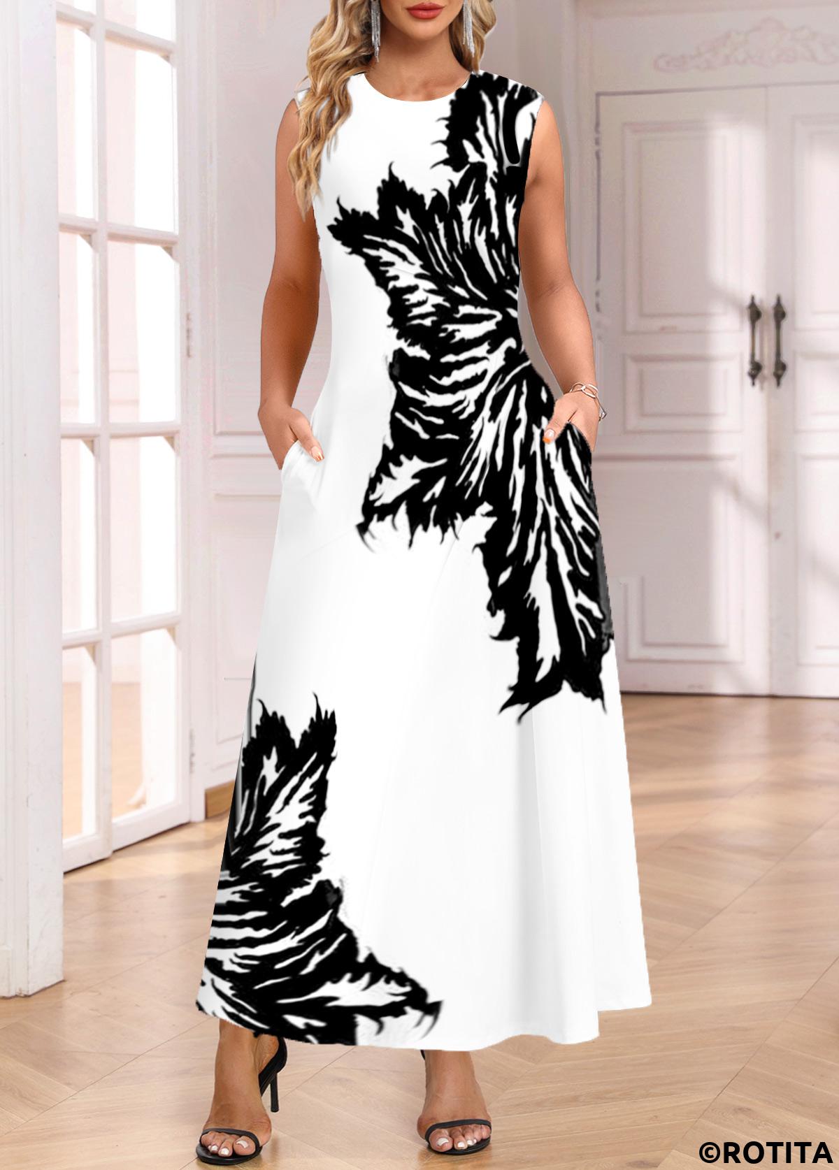 White dresses,Black dresses,Plants dresses,Party dresses,Elegant dresses,Pocket Leaf Print White Round Neck Sleeveless Maxi Dress