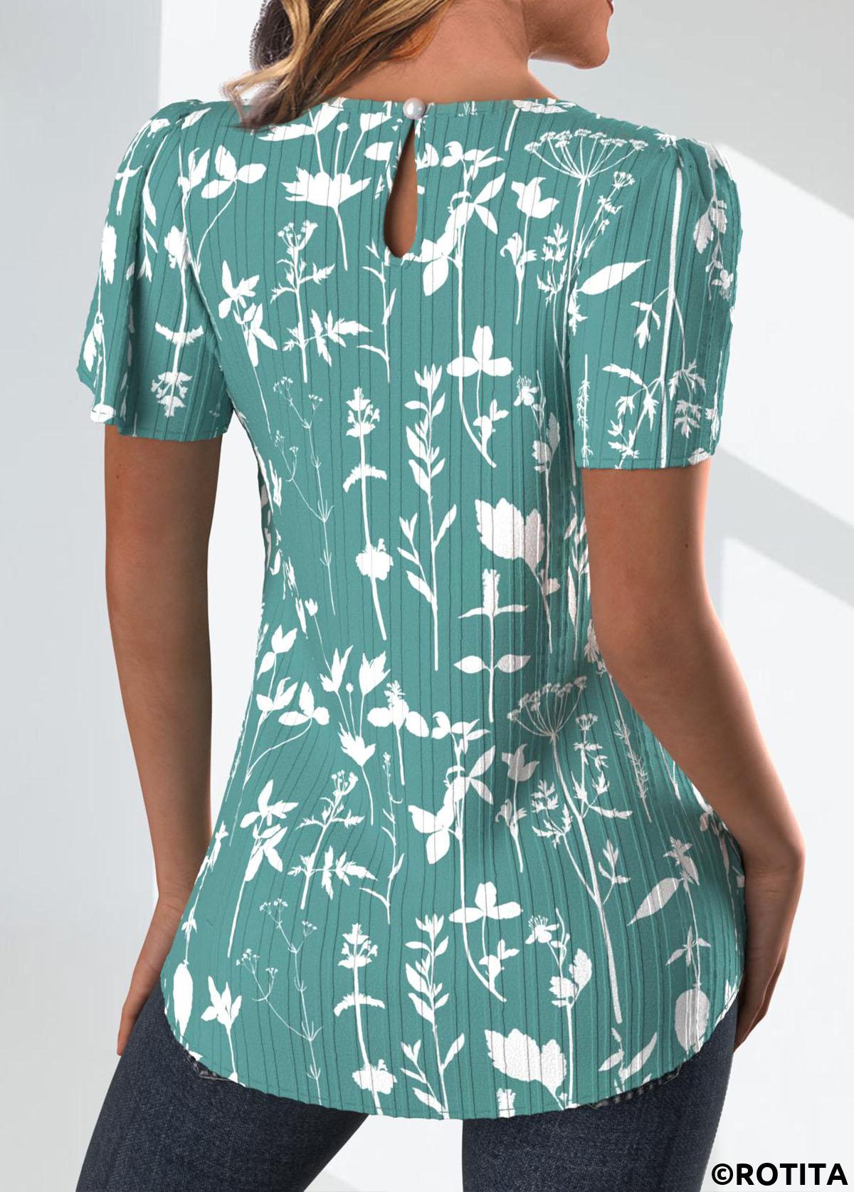 Green tops,Floral tops,Plants tops,ROTITA Tuck Stitch Floral Print Green Round Neck Blouse