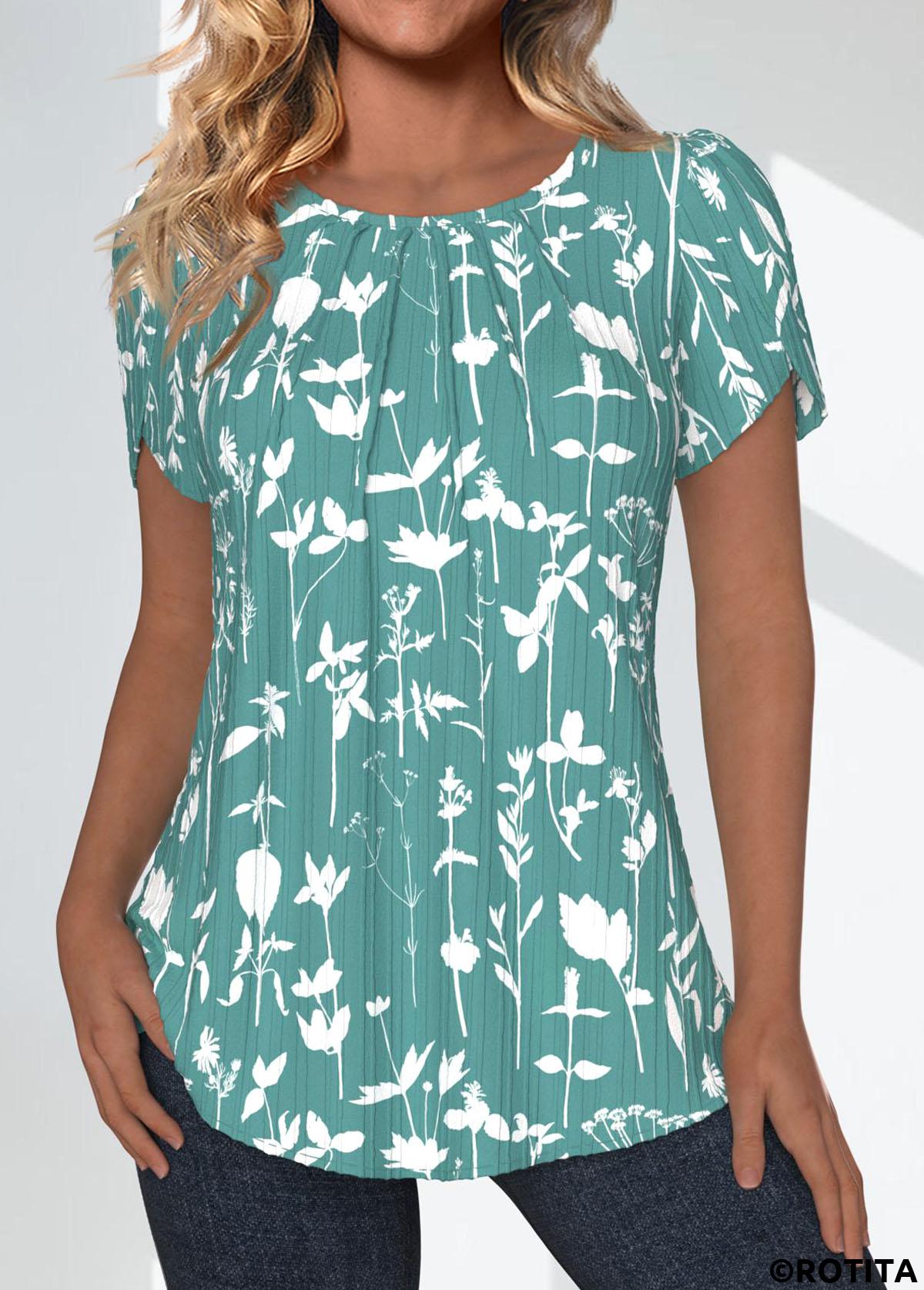 Green tops,Floral tops,Plants tops,ROTITA Tuck Stitch Floral Print Green Round Neck Blouse
