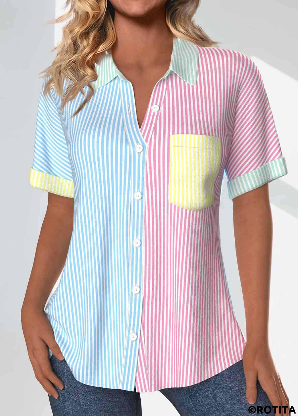 Rainbow Color tops,Light Blue tops,Striped tops,Geometric tops,ROTITA Patchwork Striped Rainbow Color Shirt Collar Short Sleeve Blouse