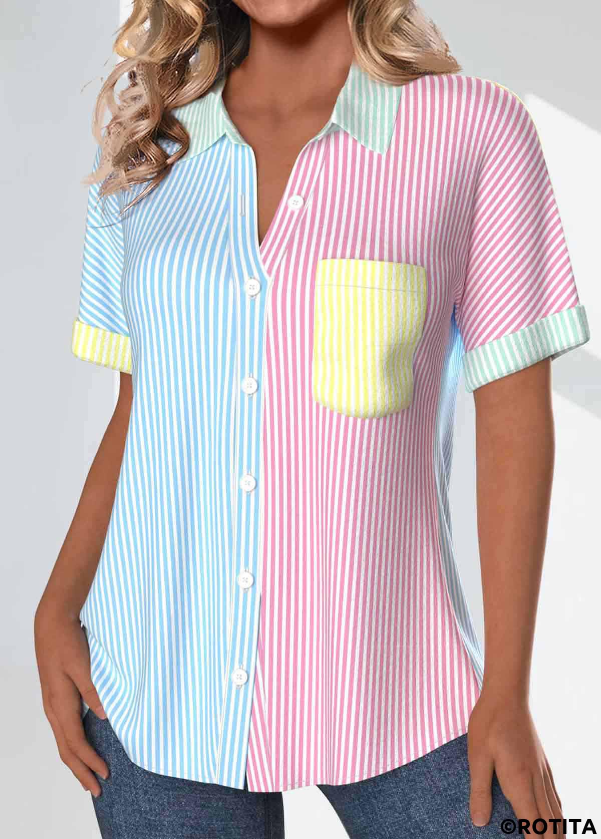 Rainbow Color tops,Light Blue tops,Striped tops,Geometric tops,ROTITA Patchwork Striped Rainbow Color Shirt Collar Short Sleeve Blouse