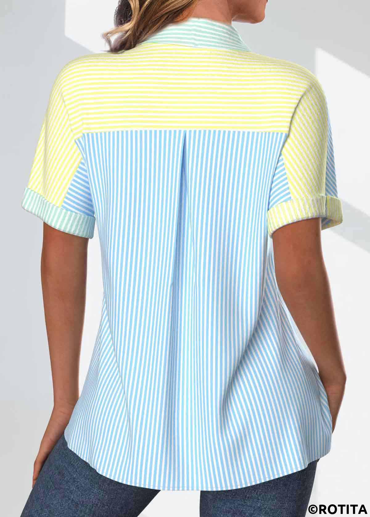 Rainbow Color tops,Light Blue tops,Striped tops,Geometric tops,ROTITA Patchwork Striped Rainbow Color Shirt Collar Short Sleeve Blouse