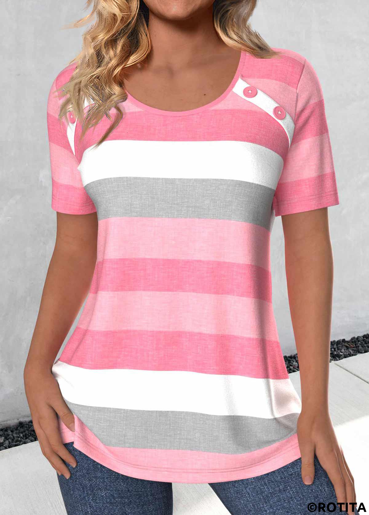 Light Pink tops,Pink tops,Striped tops,Geometric tops,ROTITA Button Striped Light Pink Round Neck T Shirt