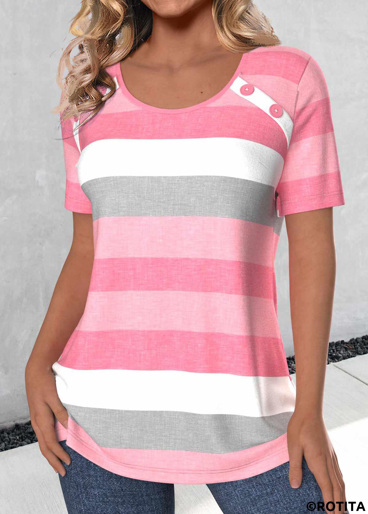 Light Pink tops,Pink tops,Striped tops,Geometric tops,ROTITA Button Striped Light Pink Round Neck T Shirt