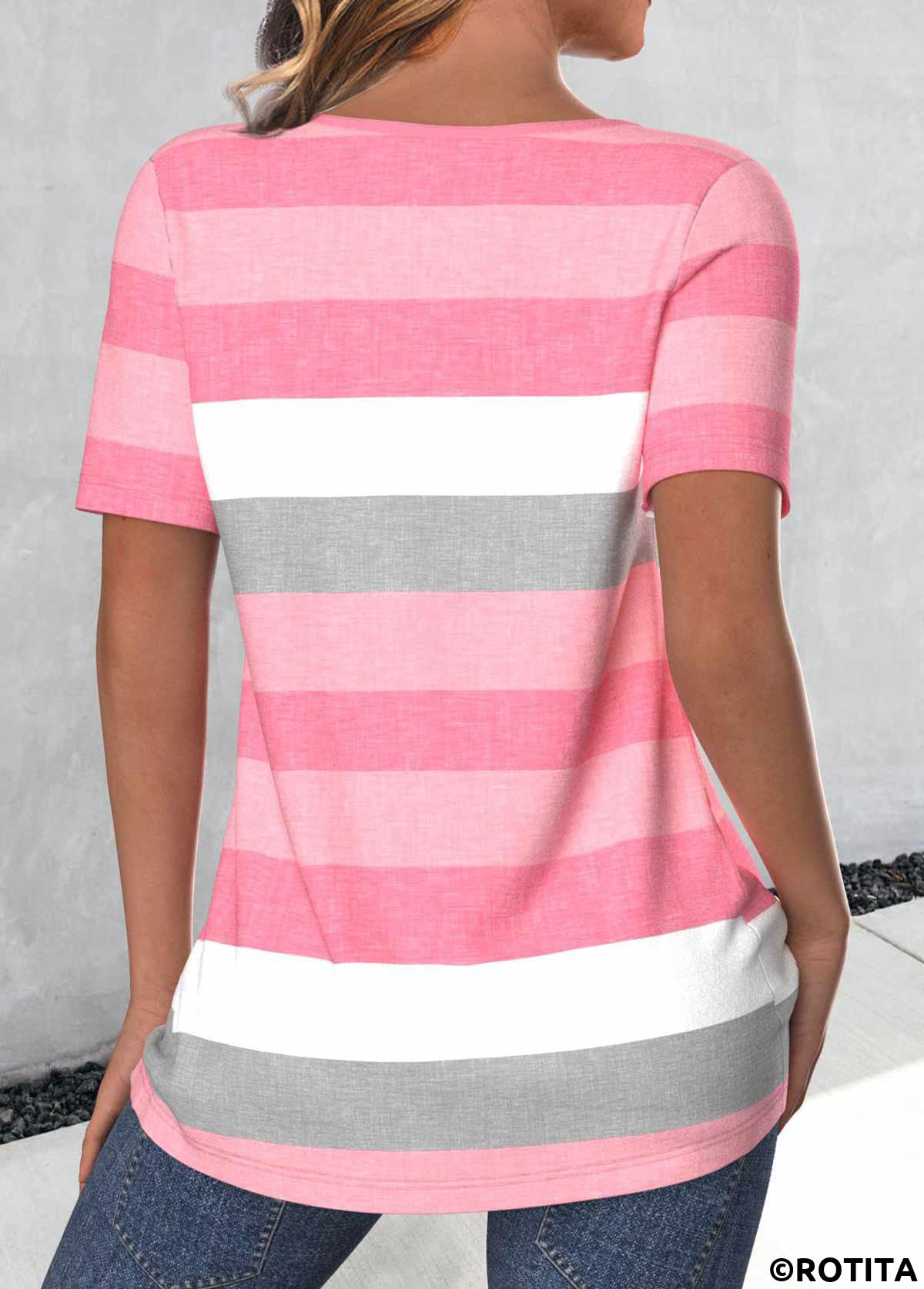 Light Pink tops,Pink tops,Striped tops,Geometric tops,ROTITA Button Striped Light Pink Round Neck T Shirt
