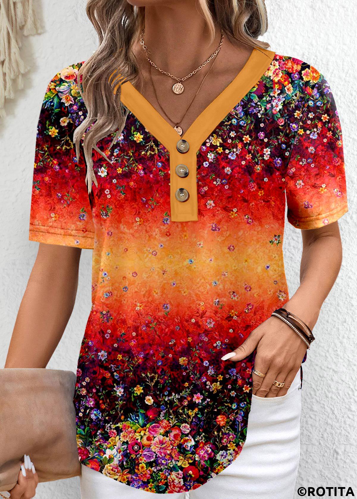 Orangefarbenes T-Shirt mit Rotita-Knöpfen und Blümchenmuster und V-Ausschnitt