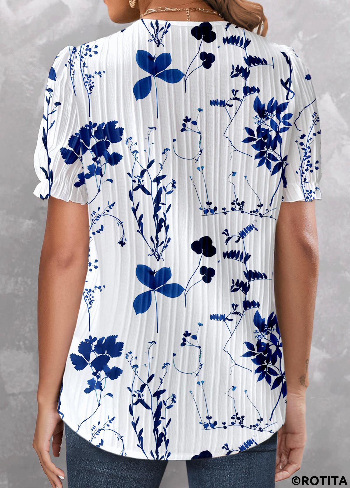 Dark Blue tops,White tops,Floral tops,Plants tops,ROTITA Embroidery Floral Print Dark Blue V Neck Blouse