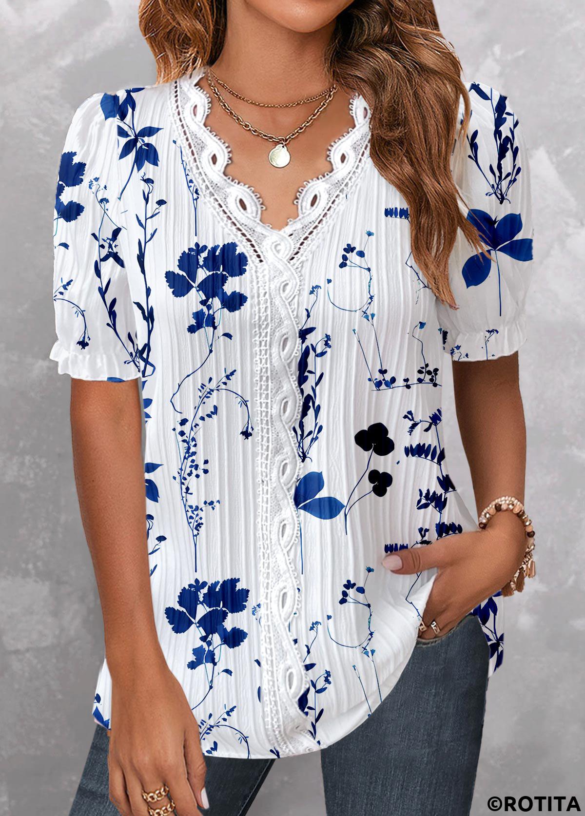 Dark Blue tops,White tops,Floral tops,Plants tops,ROTITA Embroidery Floral Print Dark Blue V Neck Blouse