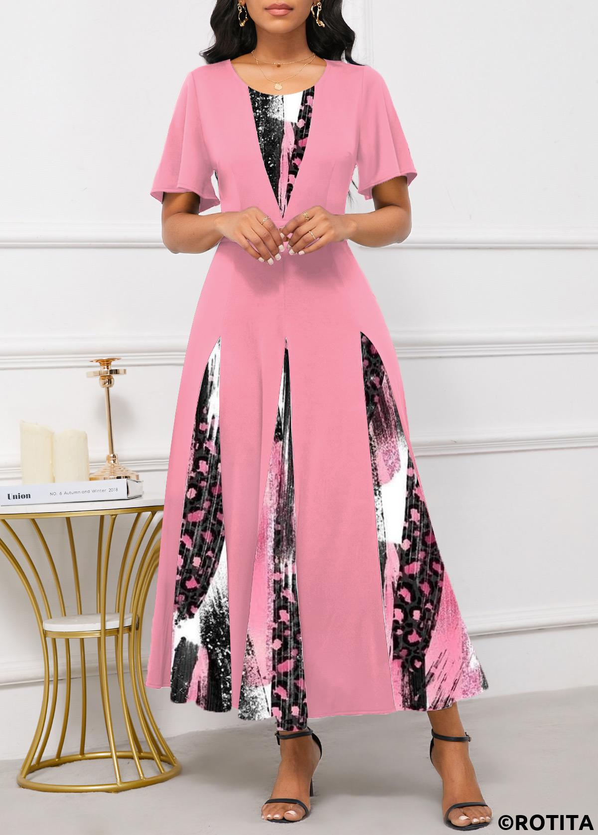 Pink dresses,Graphic dresses,Party dresses,Elegant dresses,Patchwork Graffiti Print Pink Maxi Round Neck Dress