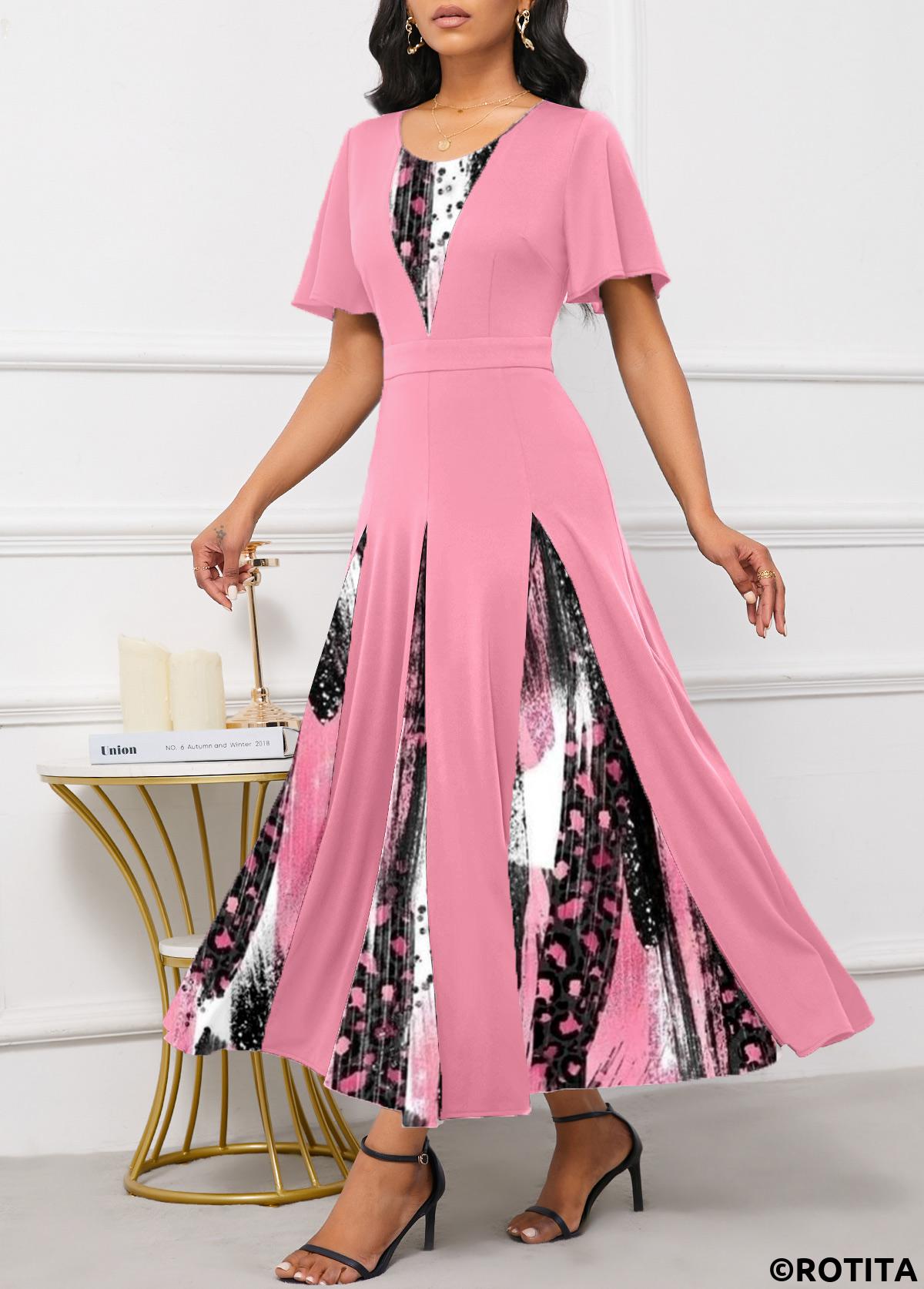 Pink dresses,Graphic dresses,Party dresses,Elegant dresses,Patchwork Graffiti Print Pink Maxi Round Neck Dress