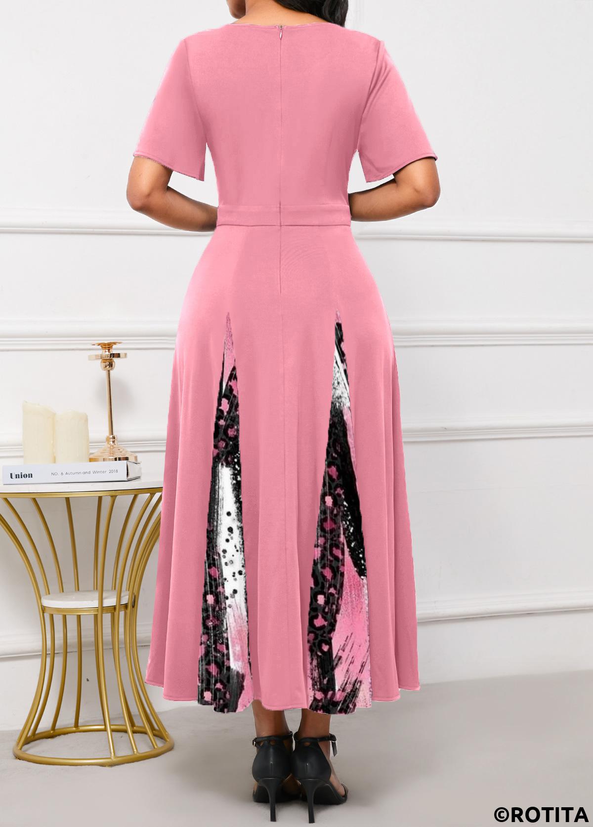 Pink dresses,Graphic dresses,Party dresses,Elegant dresses,Patchwork Graffiti Print Pink Maxi Round Neck Dress