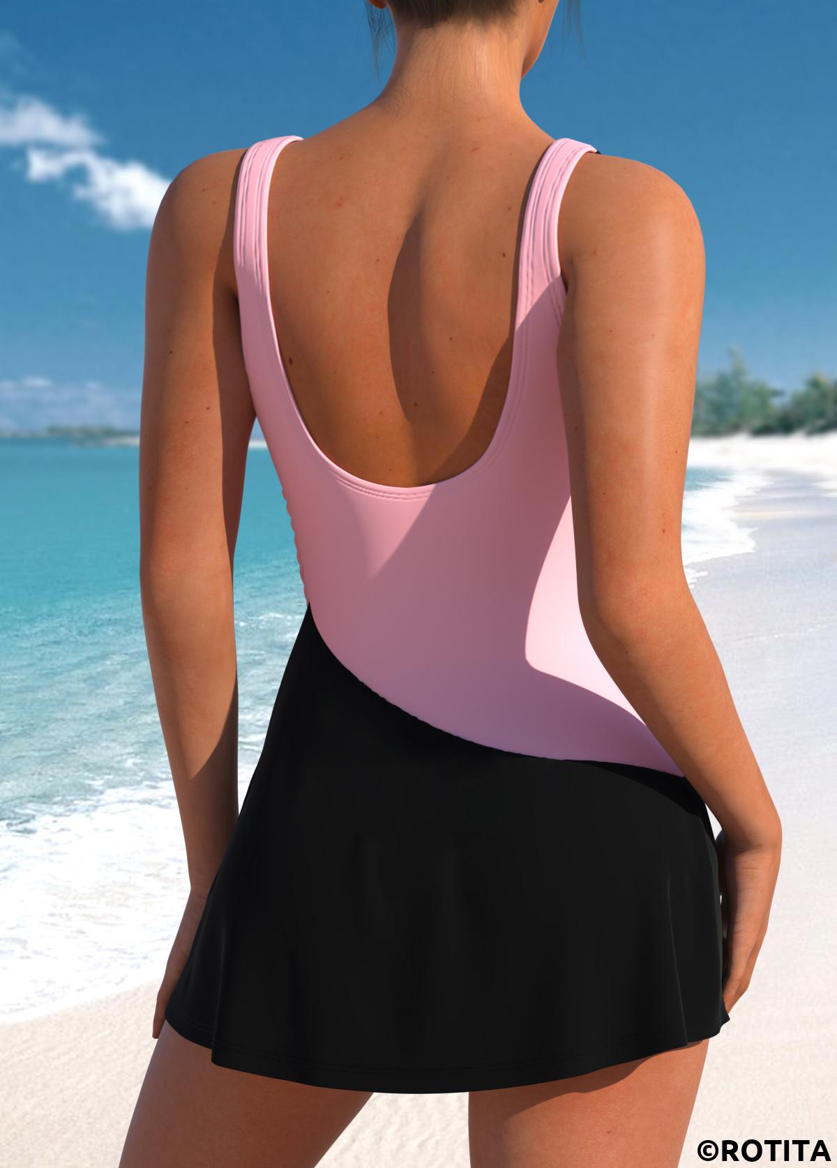 ROTITA Criss Cross Patchwork Black One Piece Swimdress