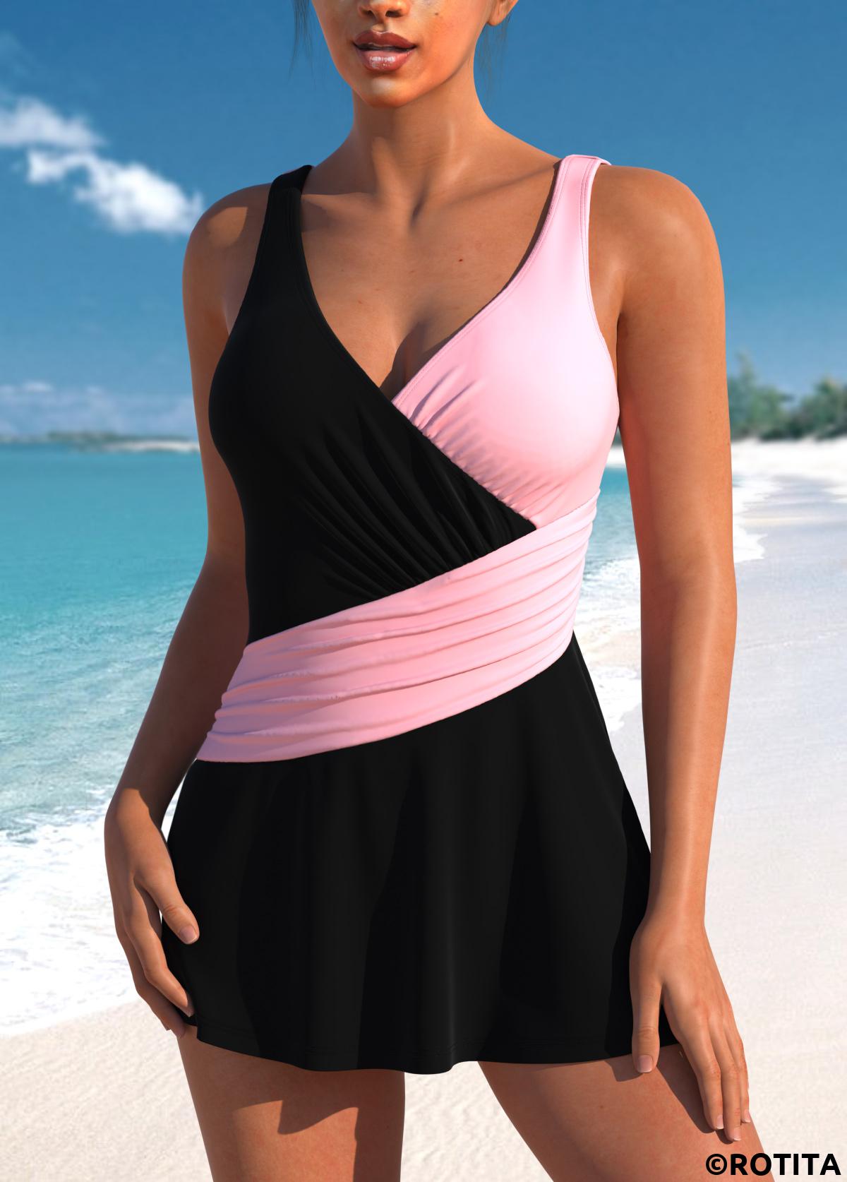 ROTITA Criss Cross Patchwork Black One Piece Swimdress