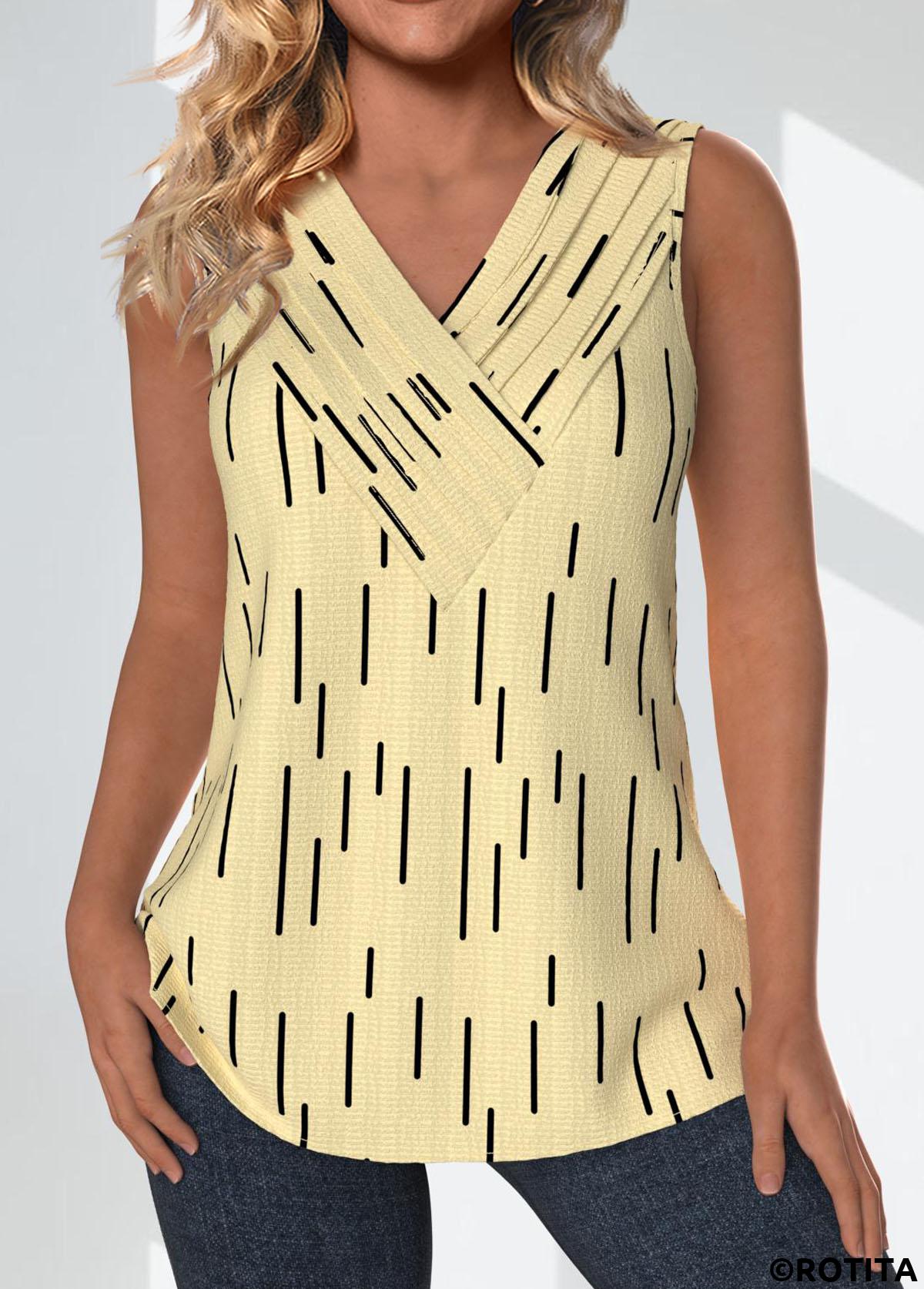 Light Yellow plus size,Geometric plus size,Striped plus size,ROTITA Plus Size Surplice Light Yellow Geometric Print Tank Top