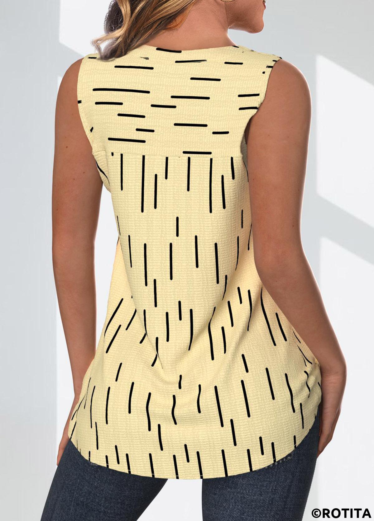Light Yellow plus size,Geometric plus size,Striped plus size,ROTITA Plus Size Surplice Light Yellow Geometric Print Tank Top
