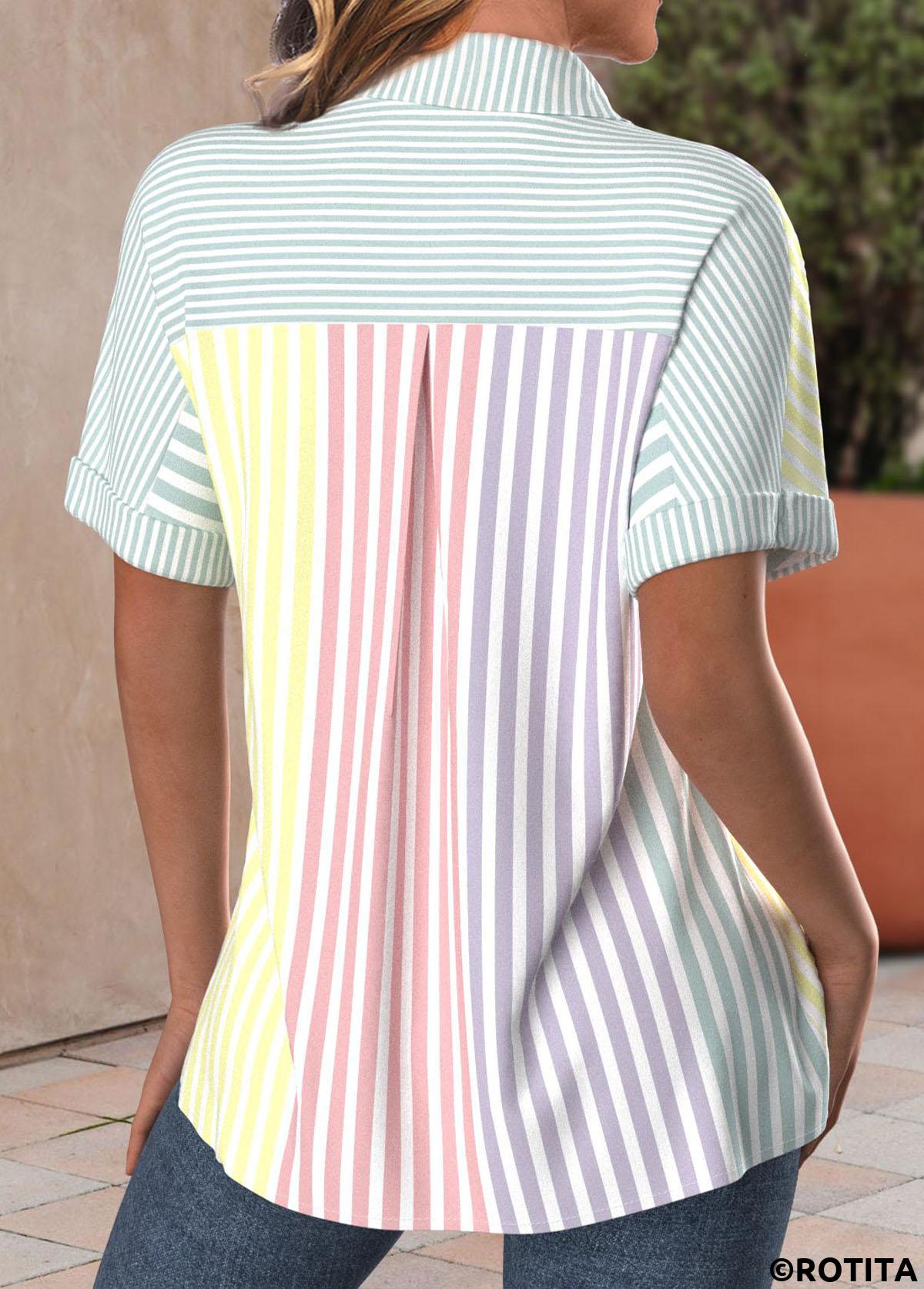 Multi Color tops,Striped tops,Geometric tops,ROTITA Button Striped Multi Color Shirt Collar Short Sleeve Blouse