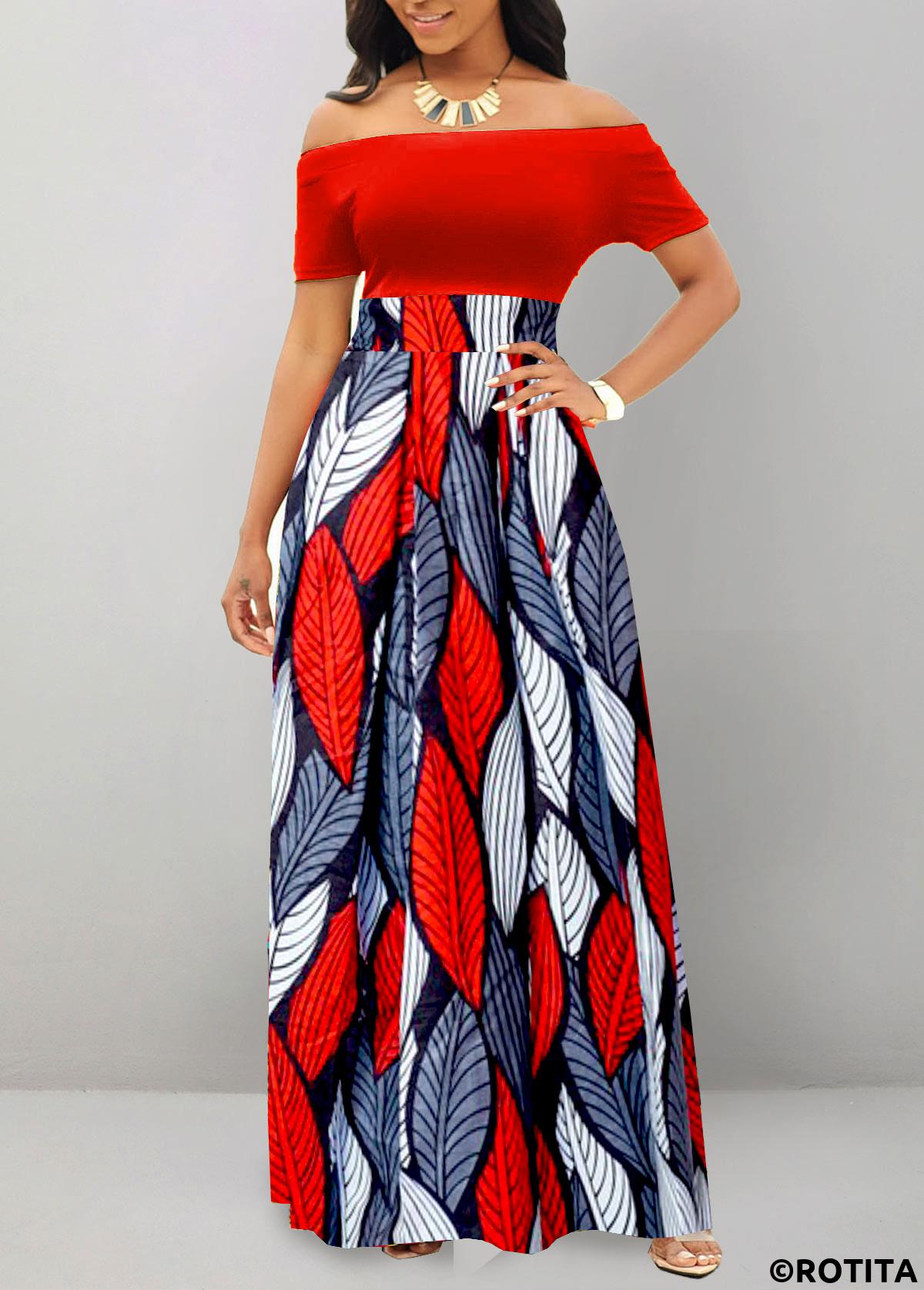 Red dresses,Blue dresses,Plants dresses,Striped dresses,Geometric dresses,Party dresses,Elegant dresses,ROTITA Patchwork Tribal Print Red Off Shoulder Maxi Dress