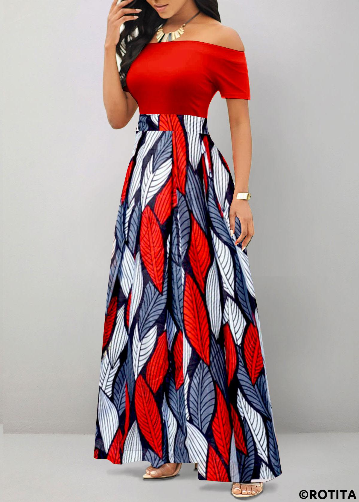 Red dresses,Blue dresses,Plants dresses,Striped dresses,Geometric dresses,Party dresses,Elegant dresses,ROTITA Patchwork Tribal Print Red Off Shoulder Maxi Dress