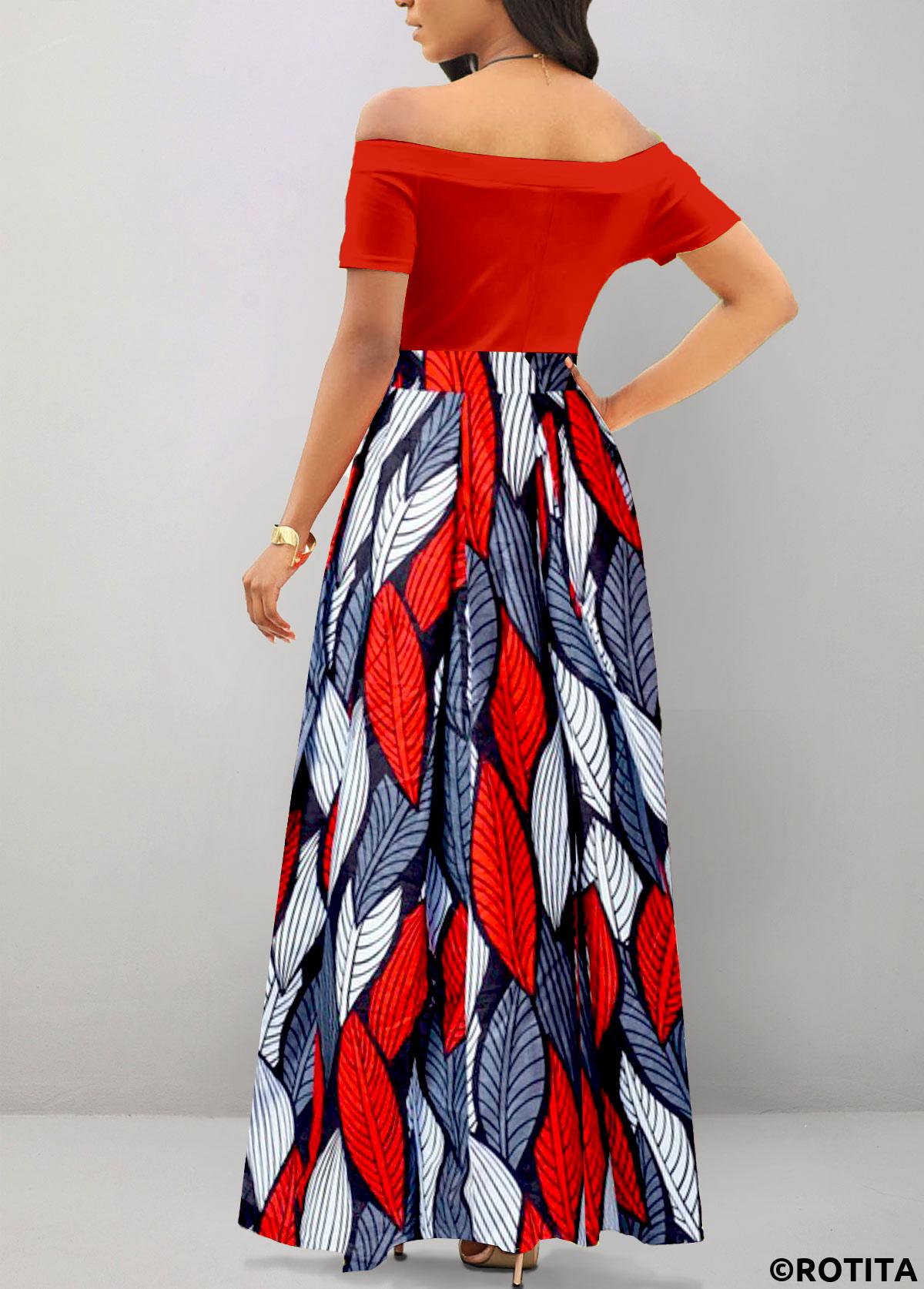 Red dresses,Blue dresses,Plants dresses,Striped dresses,Geometric dresses,Party dresses,Elegant dresses,ROTITA Patchwork Tribal Print Red Off Shoulder Maxi Dress
