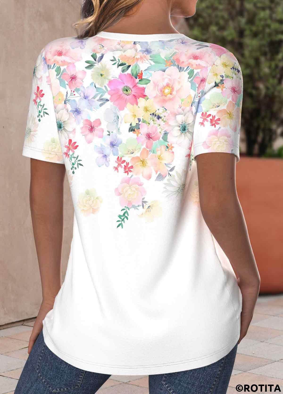 White tops,Floral tops,Plants tops,ROTITA Criss Cross Floral Print White V Neck T Shirt