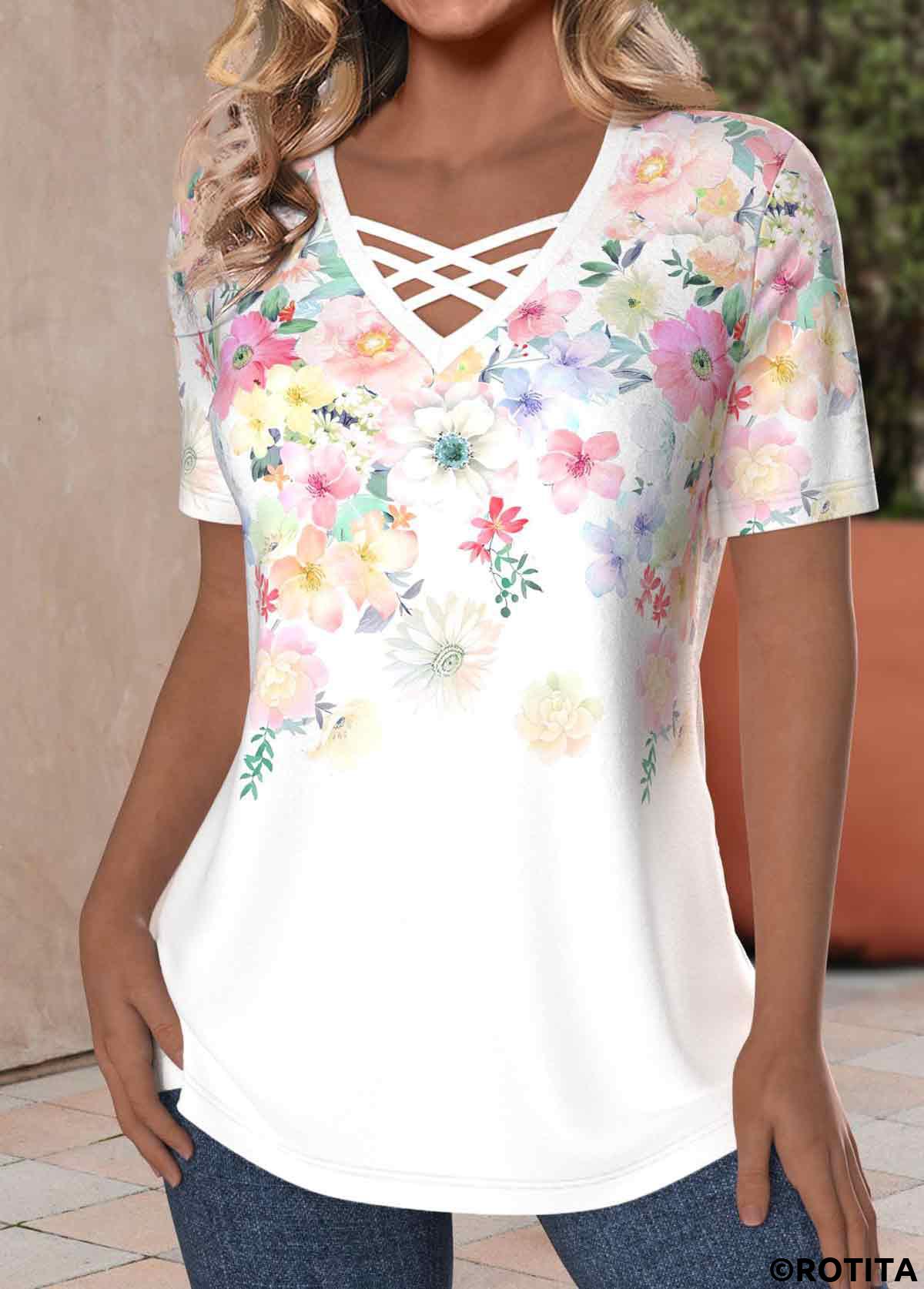 White tops,Floral tops,Plants tops,ROTITA Criss Cross Floral Print White V Neck T Shirt
