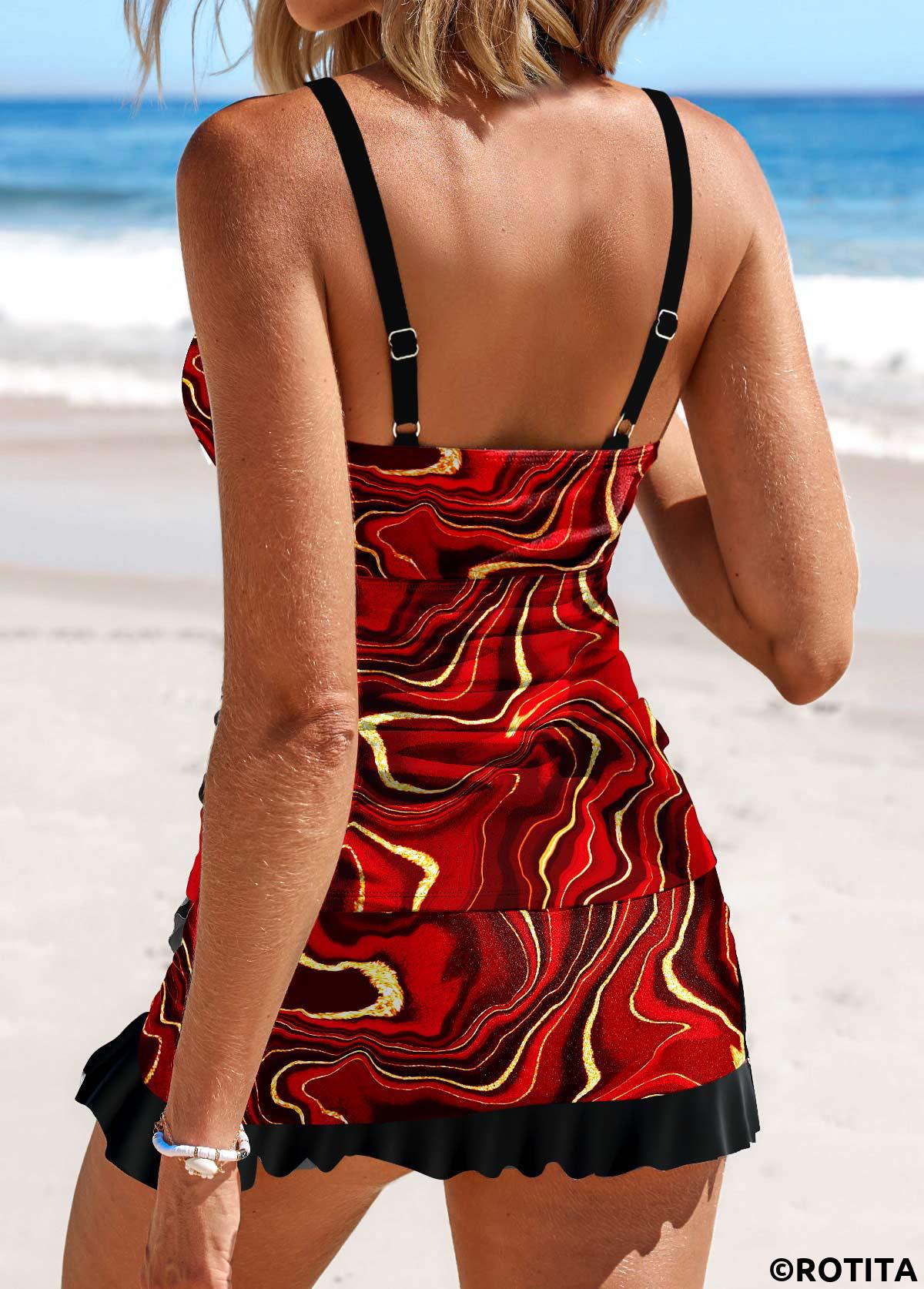 ROTITA Surplice Deep Red Ombre Tankini Set