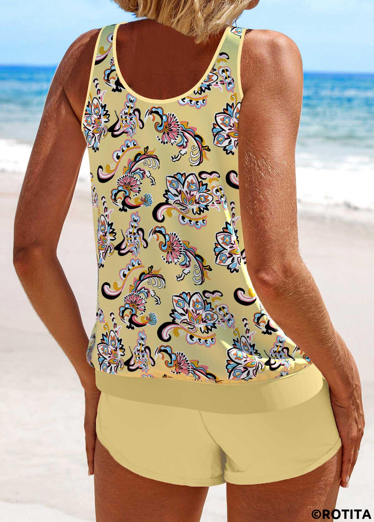 Light Yellow swimwear,Tribal swimwear,Floral swimwear,Plants swimwear,ROTITA Patchwork Light Yellow Tribal Print Tankini Set