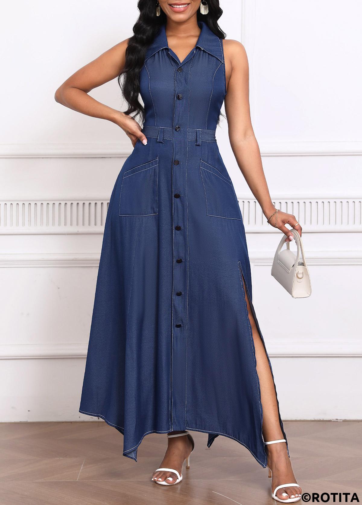 Denim Blue dresses,Plain Color dresses,Party dresses,Elegant dresses,ROTITA Handkerchief Hem Denim Blue Shirt Collar Sleeveless Maxi Dress