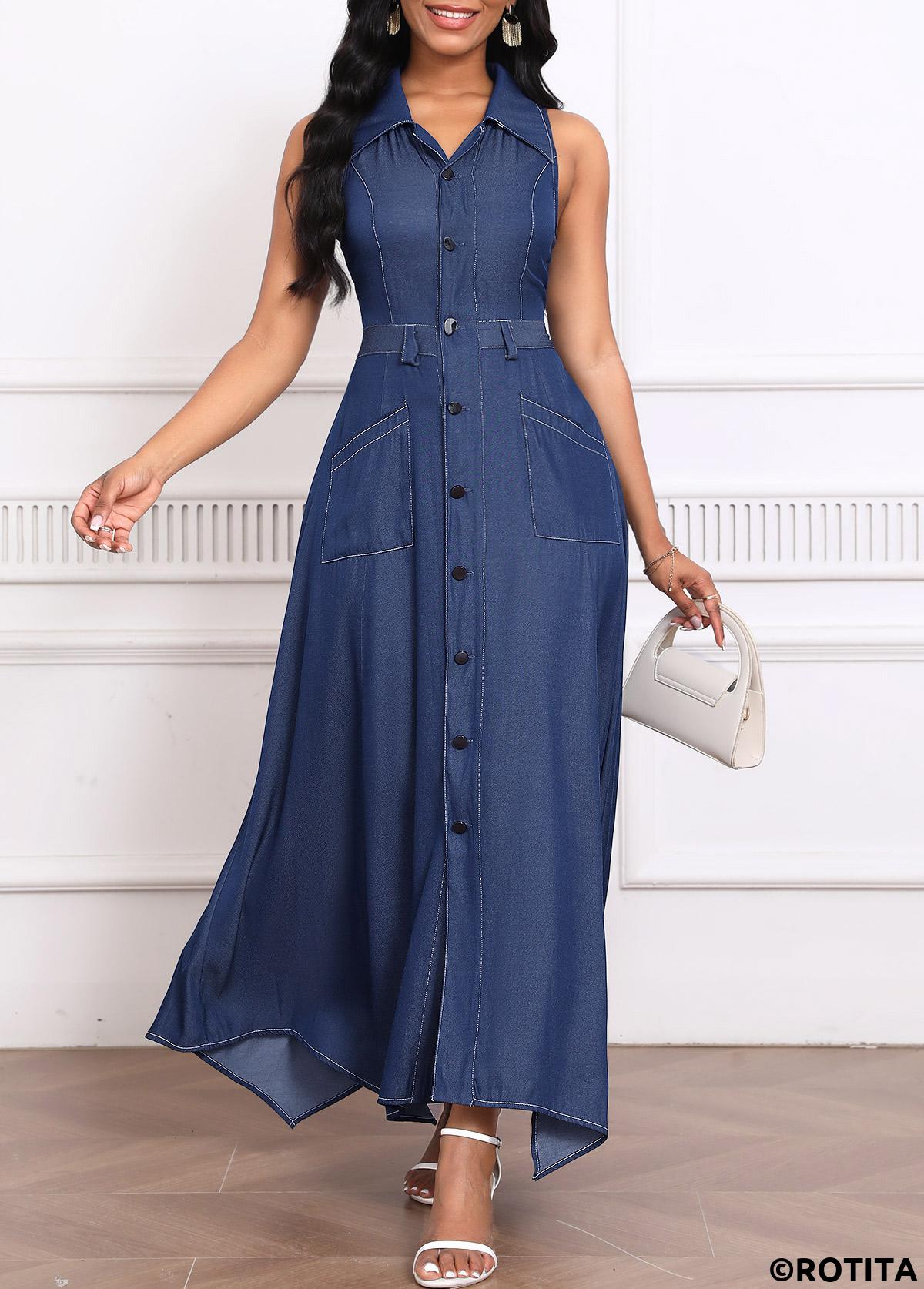 Denim Blue dresses,Plain Color dresses,Party dresses,Elegant dresses,ROTITA Handkerchief Hem Denim Blue Shirt Collar Sleeveless Maxi Dress