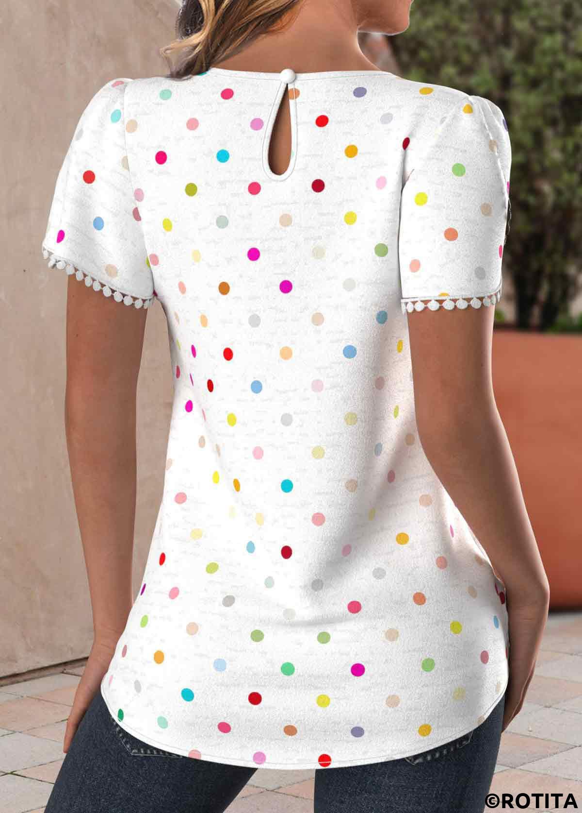 White tops,Dot tops,ROTITA Tuck Stitch Polka Dot White Round Neck T Shirt