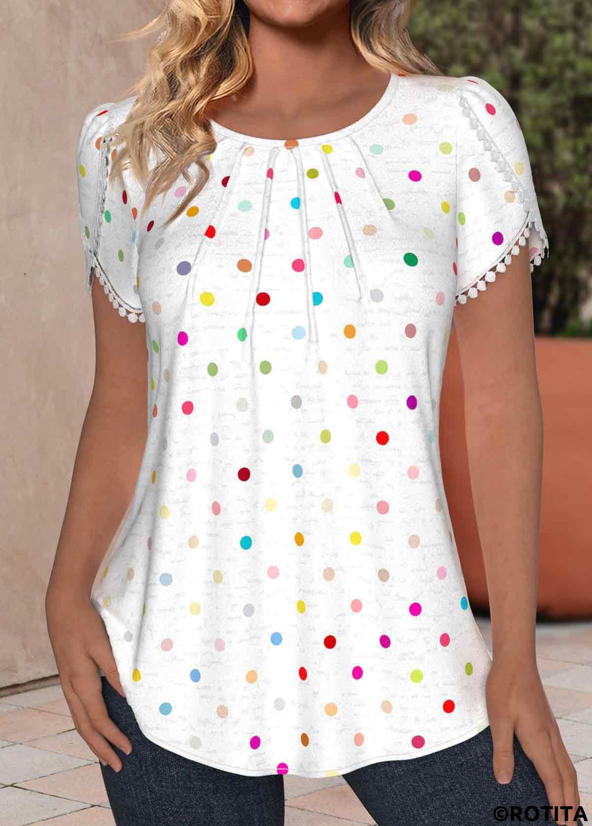 White tops,Dot tops,ROTITA Tuck Stitch Polka Dot White Round Neck T Shirt