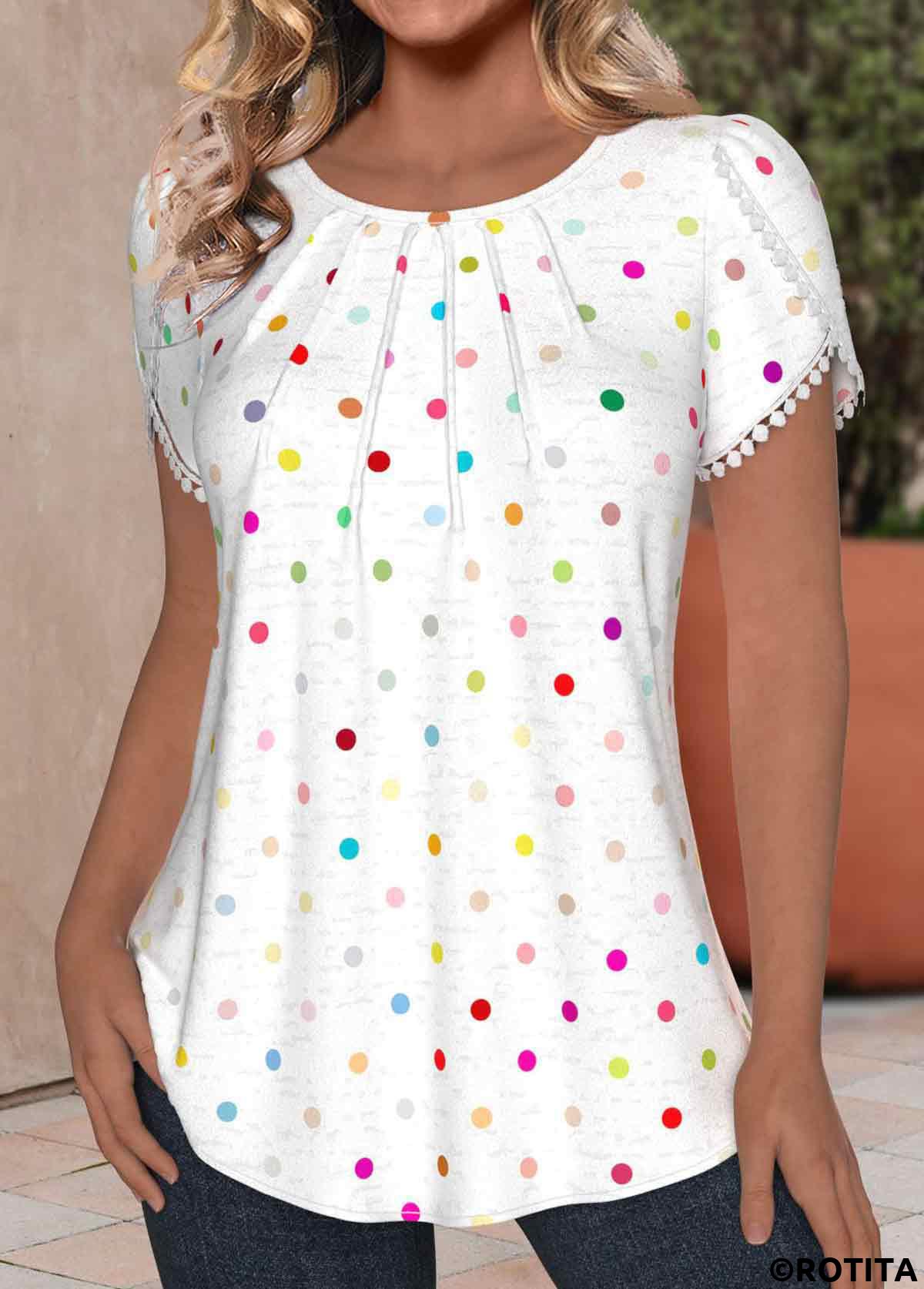 White tops,Dot tops,ROTITA Tuck Stitch Polka Dot White Round Neck T Shirt