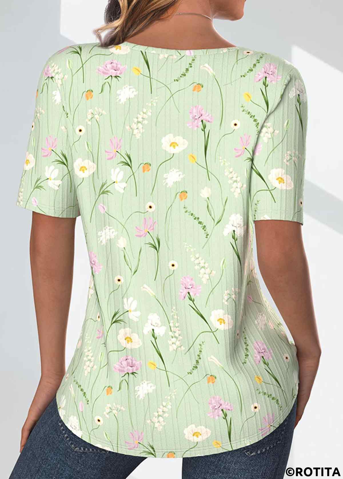 Light Green plus size,Floral plus size,Plants plus size,ROTITA Plus Size Textured Fabric Light Green T Shirt