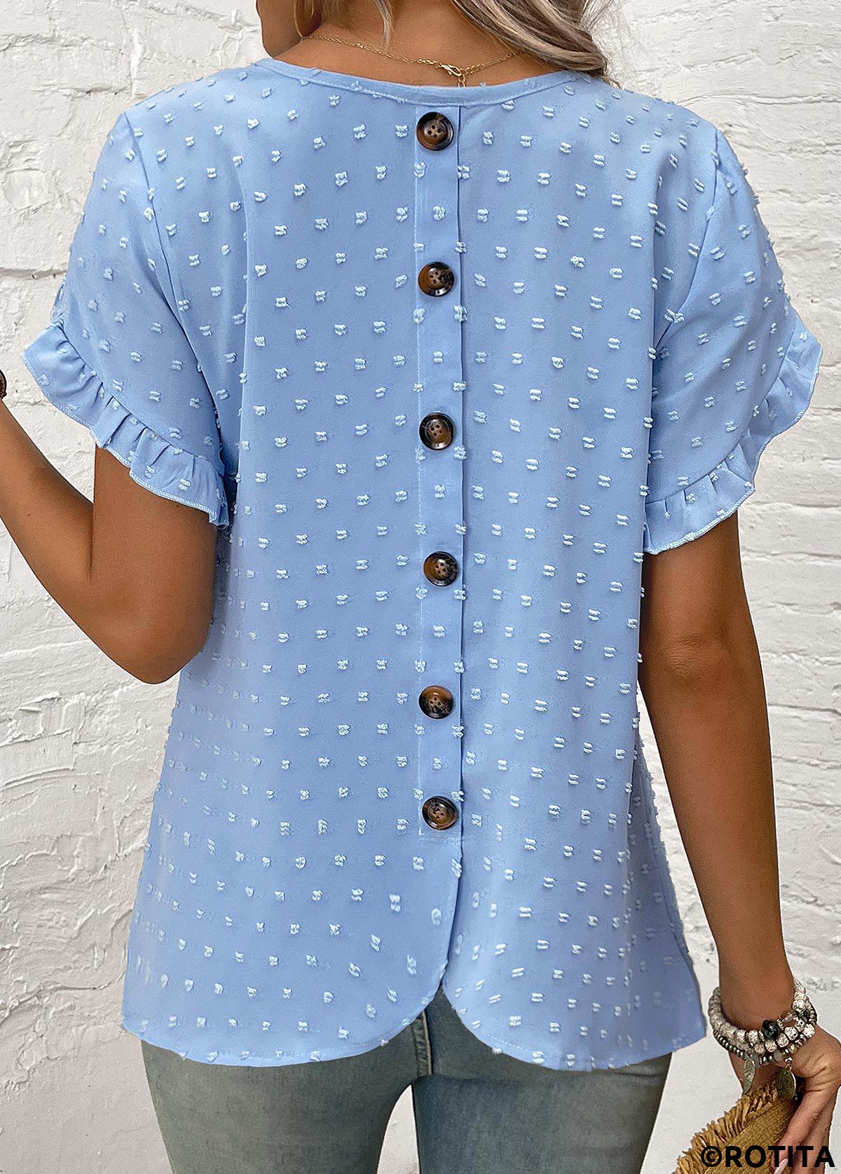 Dusty Blue tops,Plain Color tops,Button Dusty Blue Round Neck Short Sleeve Blouse